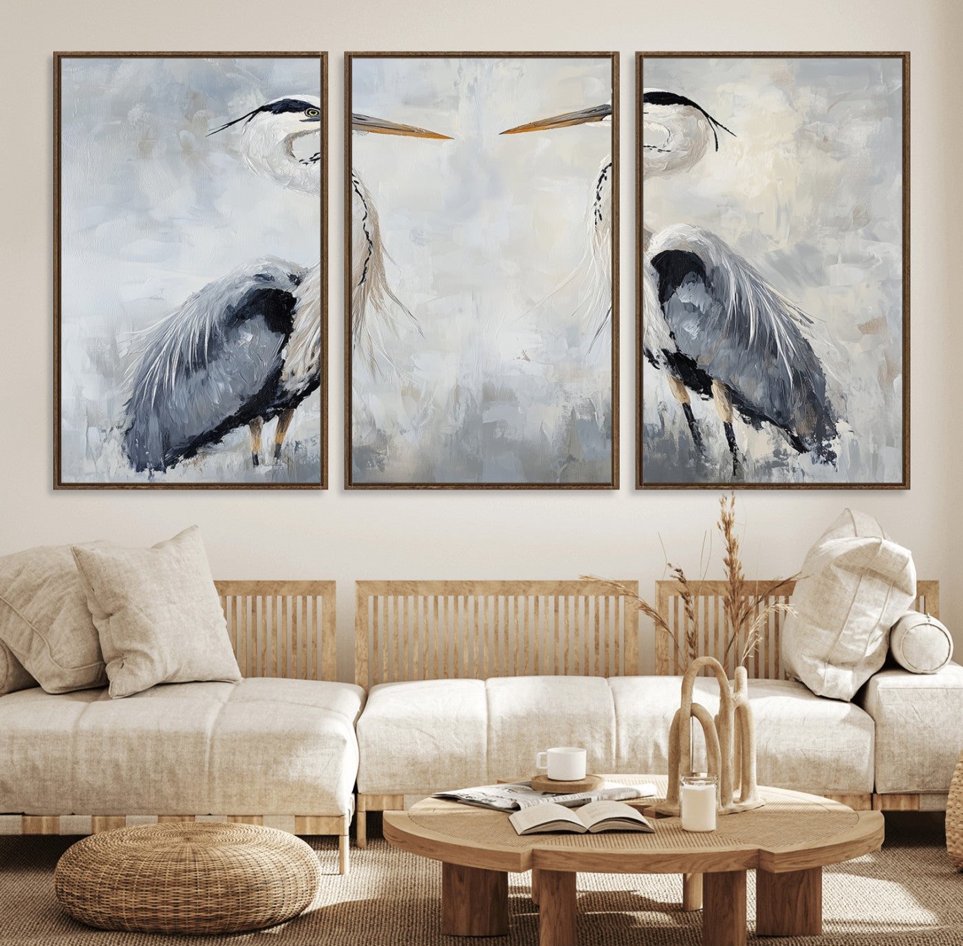 90806932-MGV-FC-60X30-3P_Walnut-Heron Wall Art Wall Art Canvas Print, Framed Bird Canvas Decor Art Picture Print, Nature Inspired Perfect Coastal Minimalist Decor