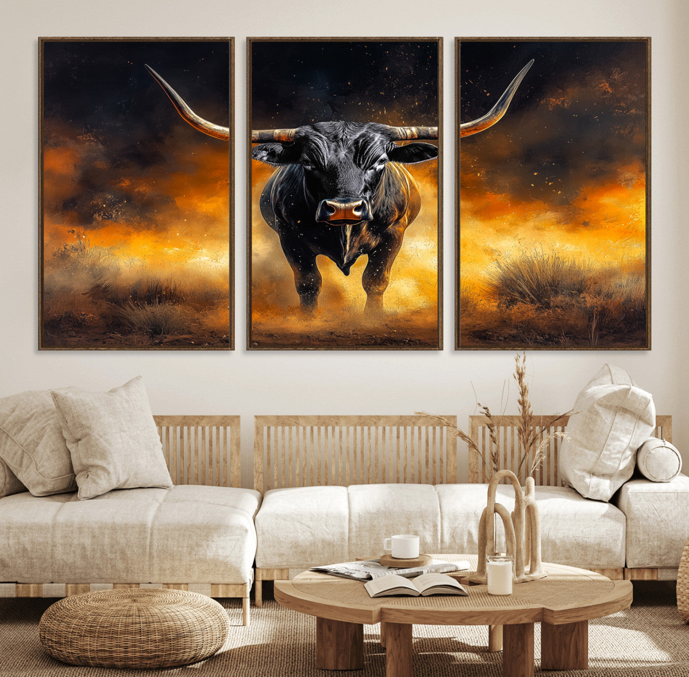 58293979-MGV-FC-60X30-3P_Walnut-Longhorn Canvas Wall Art Canvas Print, Framed Bold Bull Wall Art Art Picture Print, Western Animal Decor Perfect Western Dramatic