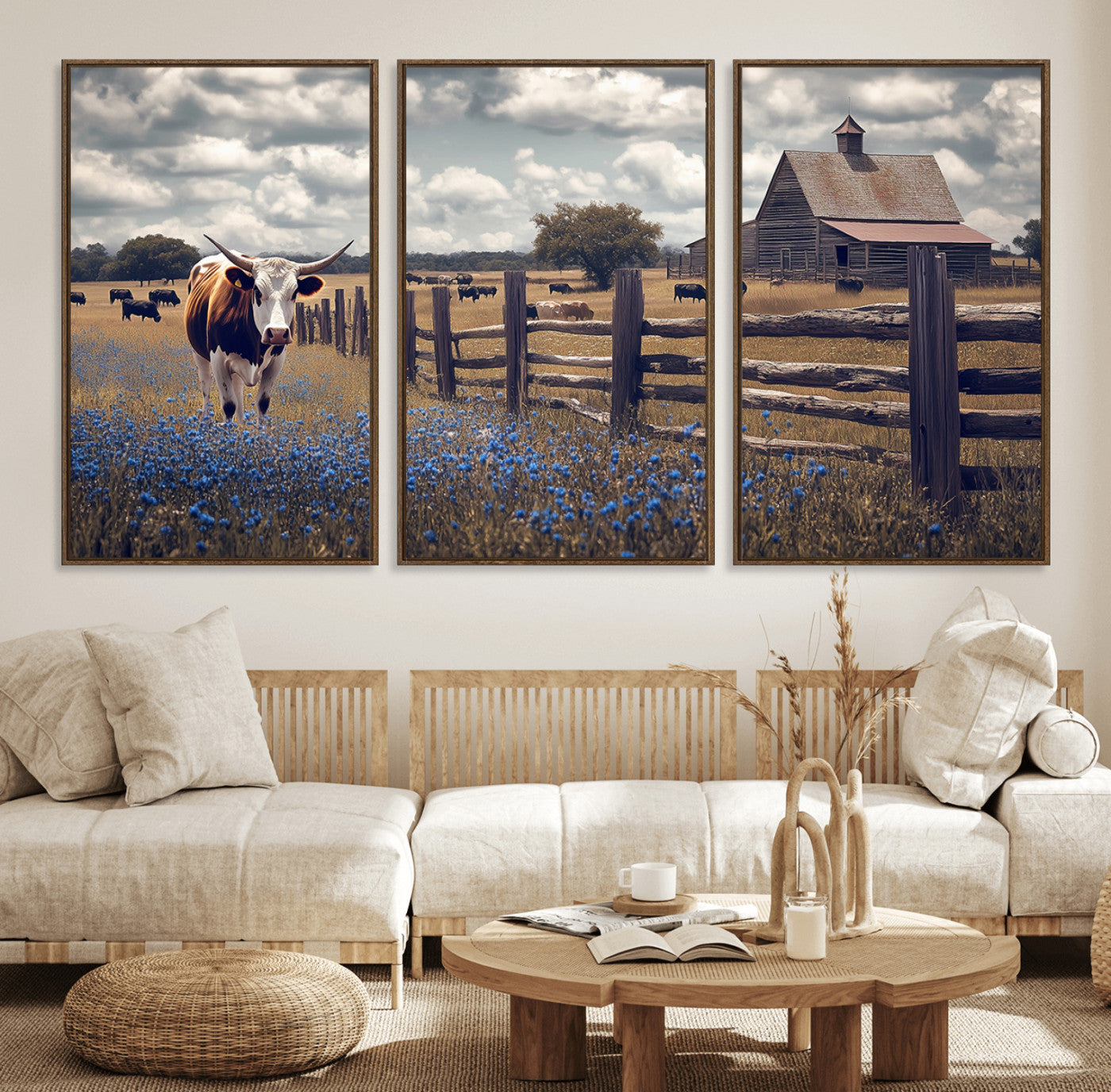 22296025-MGV-FC-60X30-3P_Walnut-Texas Longhorn Canvas Wall Art Canvas Print, Framed Rustic Barn Wall Art Art Picture Print, Farmhouse Cow Decor Perfect Rustic