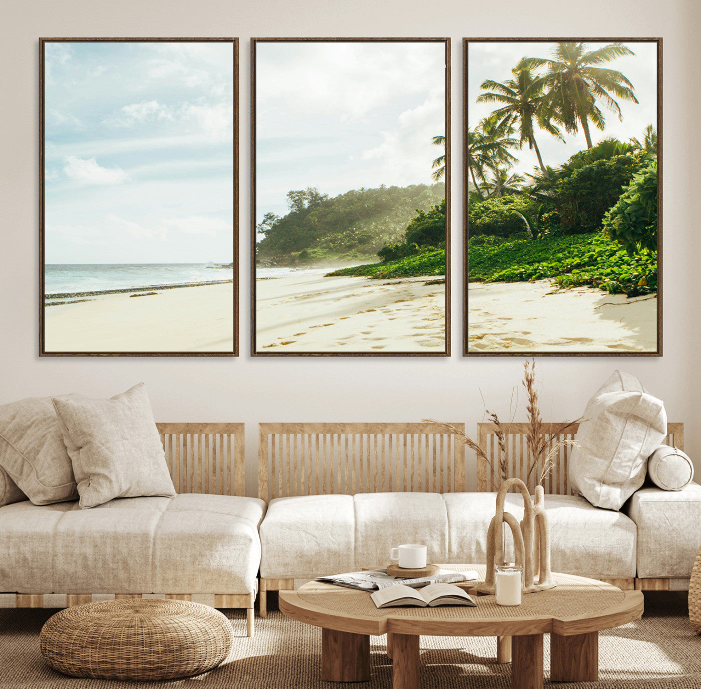 42984524-MGV-FC-60X30-3P_Walnut-Relaxing Beach Wall Art Canvas Print, Framed Ocean View Art Picture Print, Coastal Serenity Perfect Tropical Coastal Decor Artwork