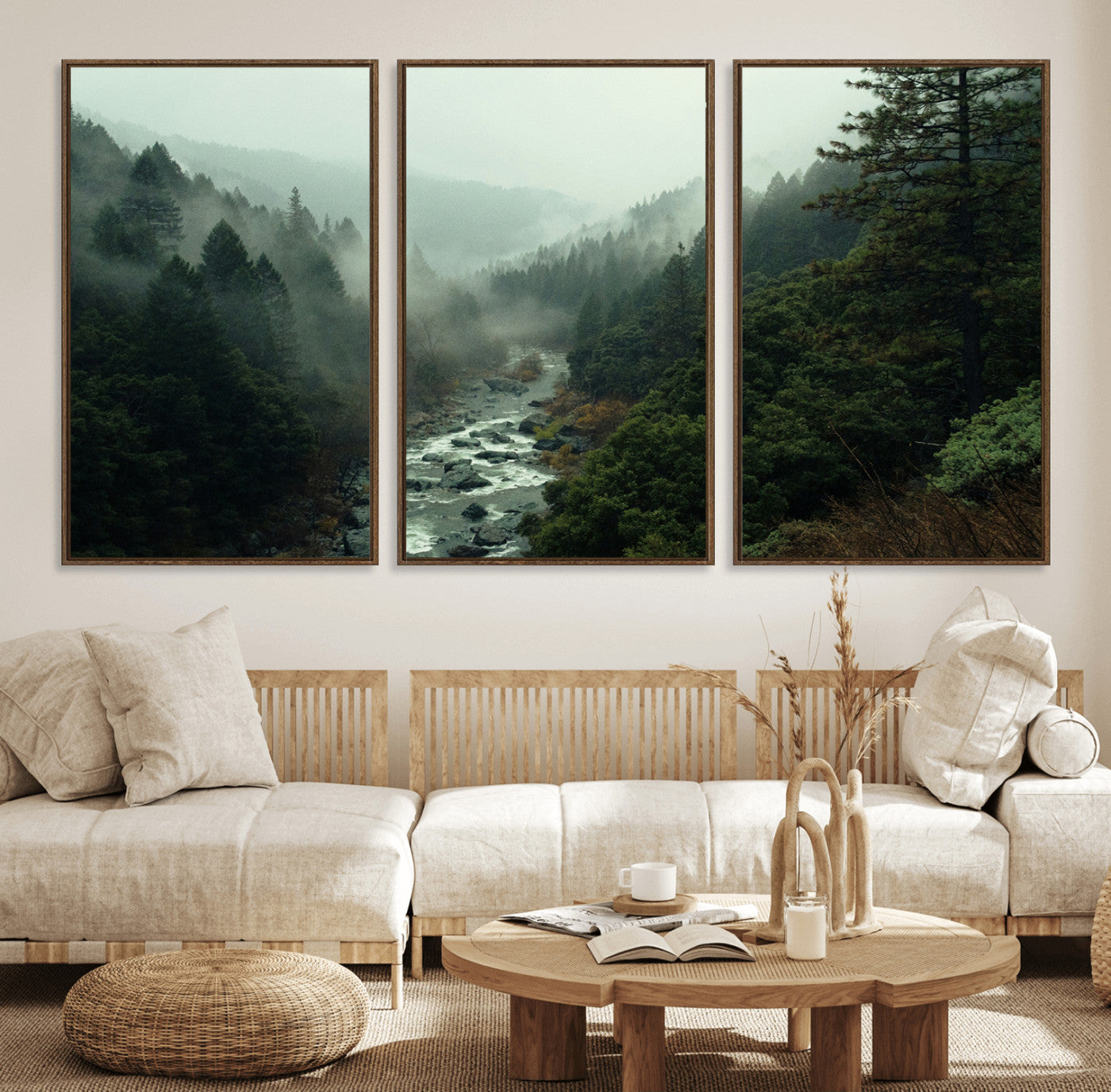 48497565-MGV-FC-60X30-3P_Walnut-Misty Forest Wall Art Canvas Print, Framed Foggy River Art Picture Print, Moody Landscape Perfect Moody Wilderness Decor Artwork