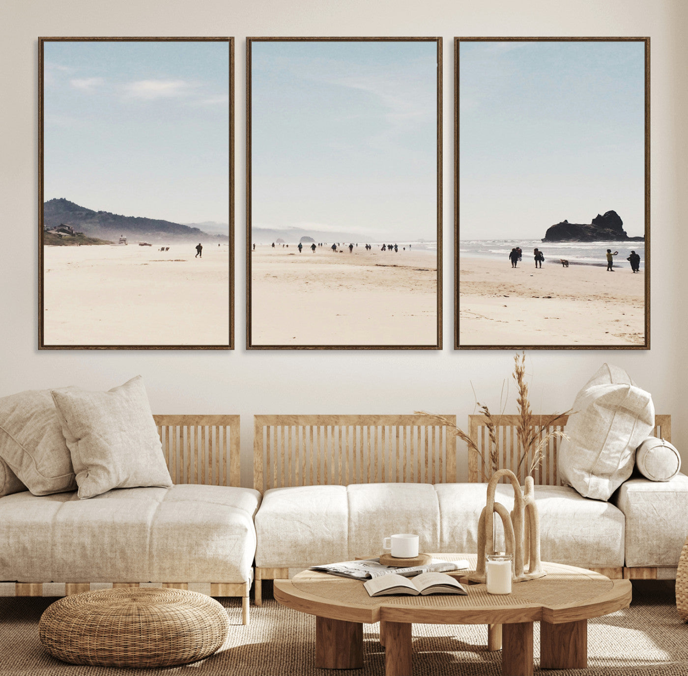 28307820-MGV-FC-60X30-3P_Walnut-Minimalist Beach Wall Art Canvas Print, Framed Coastal Serenity Art Picture Print, Soft Sand Perfect Modern Coastal Decor Artwork