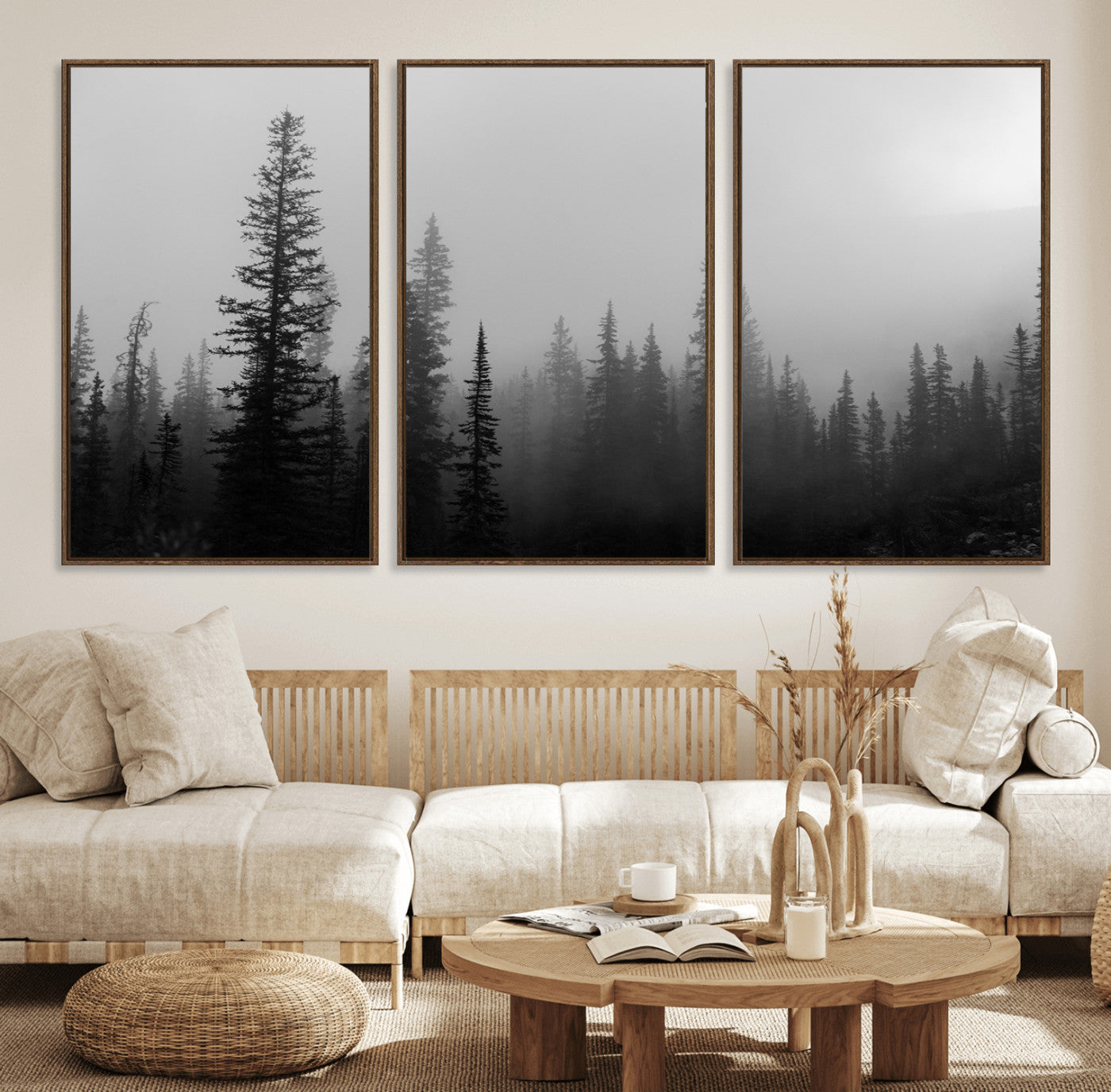 73138900-MGV-FC-60X30-3P_Walnut-Misty Pines Wall Art Canvas Print, Framed Woodland Photography Art Picture Print, Minimalist Decor Perfect Modern Rustic Decor