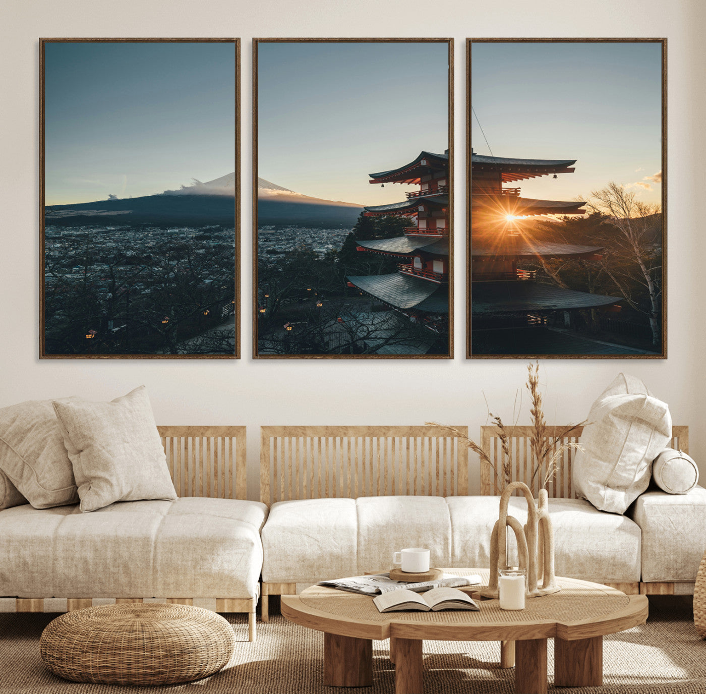 87729656-MGV-FC-60X30-3P_Walnut-Mount Fuji Wall Art Canvas Print, Framed Japan Travel Art Picture Print, Chureito Pagoda Perfect Zen Minimalism Decor Artwork