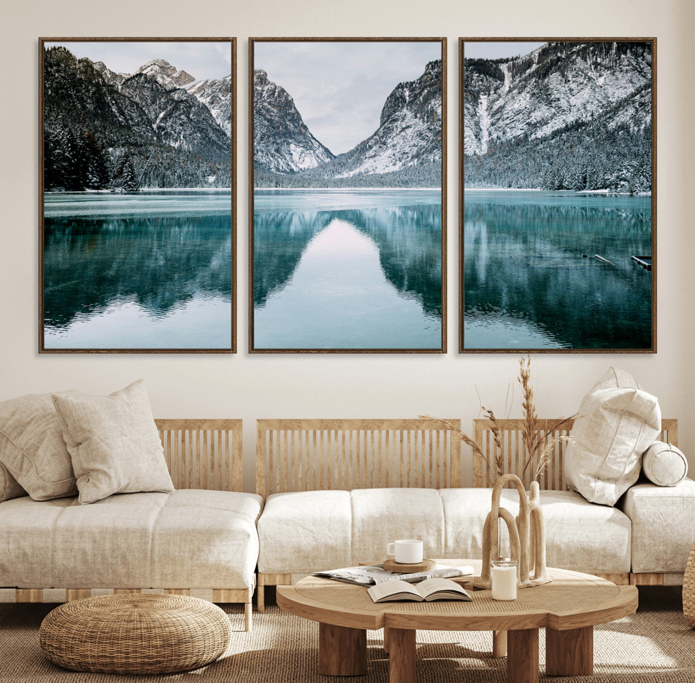 73098373-MGV-FC-60X30-3P_Walnut-Mountain Lake Wall Art Canvas Print, Framed Winter Wonderland Art Picture Print, Snowy Peaks Perfect Modern Nature Decor Artwork