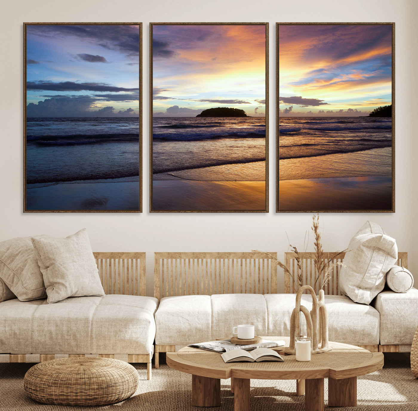 36714356-MGV-FC-60X30-3P_Walnut-Beach Sunset Wall Art Canvas Print, Framed Ocean Waves Art Picture Print, Tropical Seascape Perfect Coastal Serenity Decor Artwork