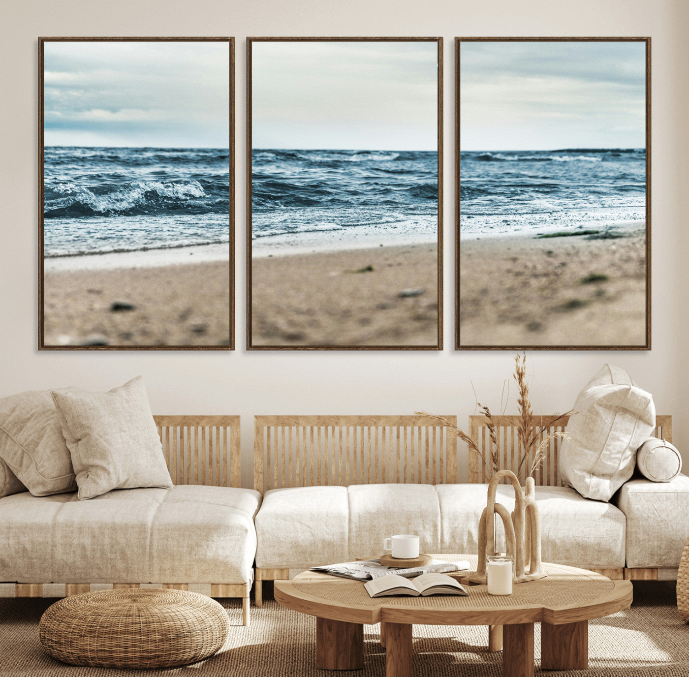81812590-MGV-FC-60X30-3P_Walnut-Ocean Wall Art Wall Art Canvas Print, Framed Coastal Canvas Art Picture Print, Moody Seascape Perfect Coastal Minimalist Decor