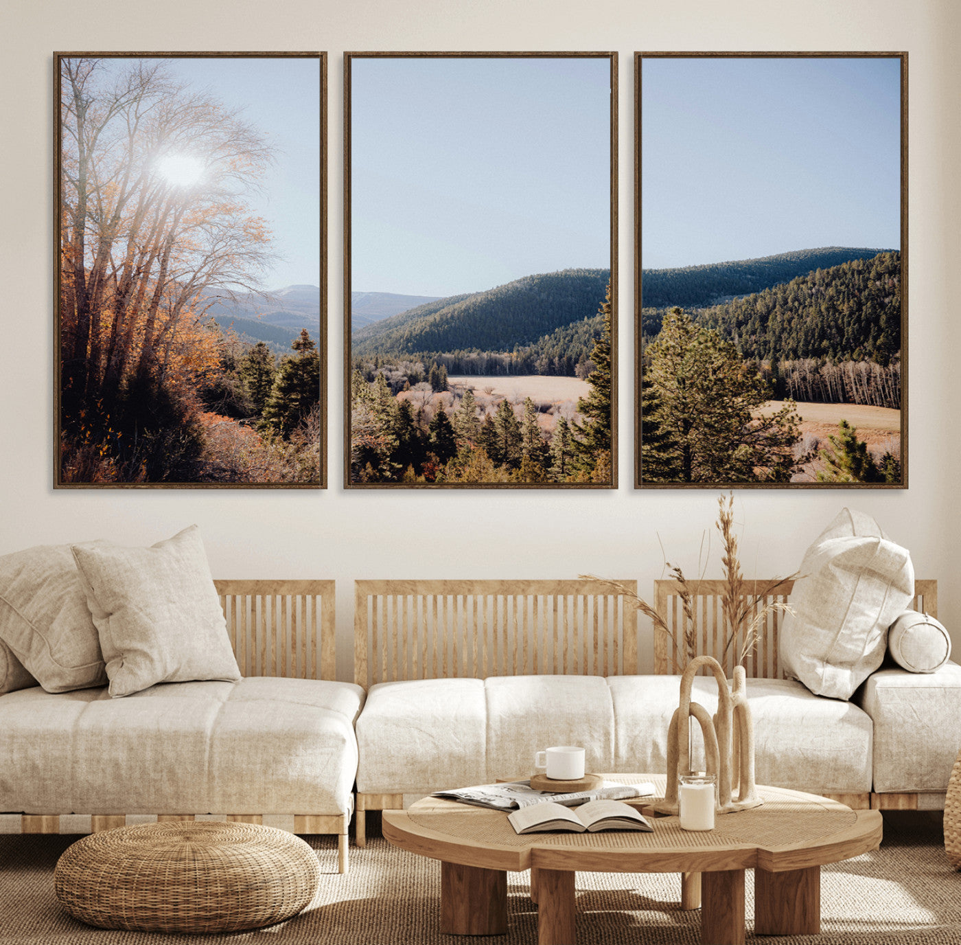 52941305-MGV-FC-60X30-3P_Walnut-Rustic Landscape Wall Art Canvas Print, Framed Serene Valley Art Picture Print, Pine Tree Horizon Perfect Rustic Cabin Decor