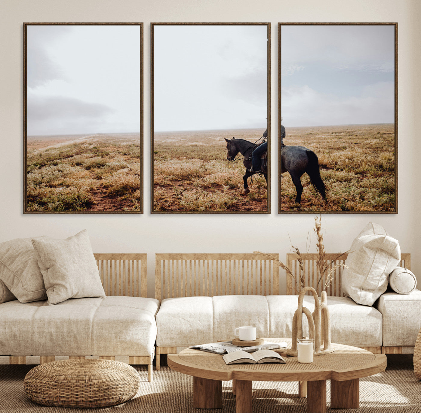 57597730-MGV-FC-60X30-3P_Walnut-Cowboy Wall Art Wall Art Canvas Print, Framed Western Canvas Art Picture Print, Rustic Ranch Scene Perfect Rustic Western Decor