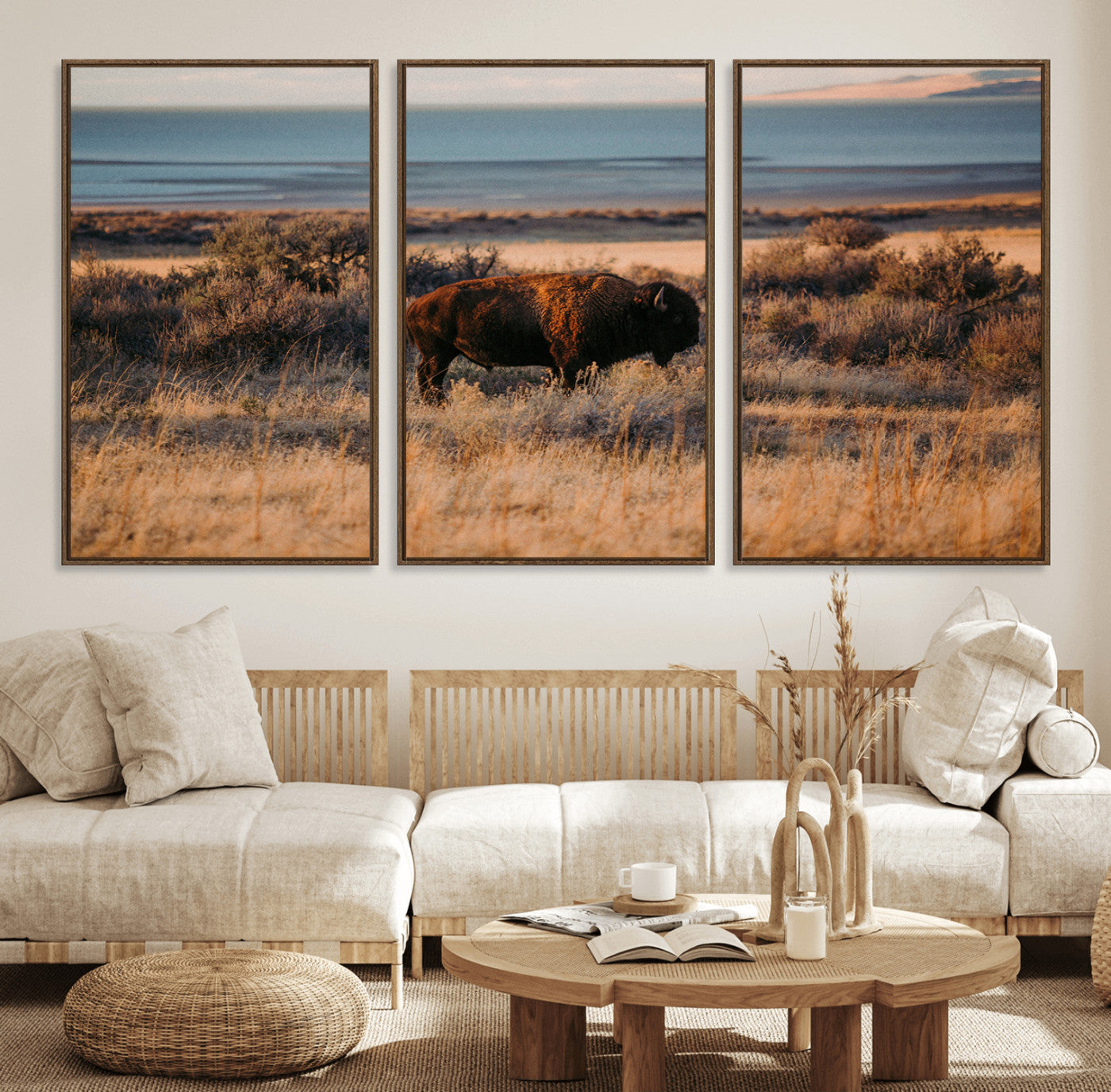 39509187-MGV-FC-60X30-3P_Walnut-Western Wildlife Wall Art Canvas Print, Framed Bison Art Picture Print, Golden Hour Perfect Western Rustic Decor Artwork