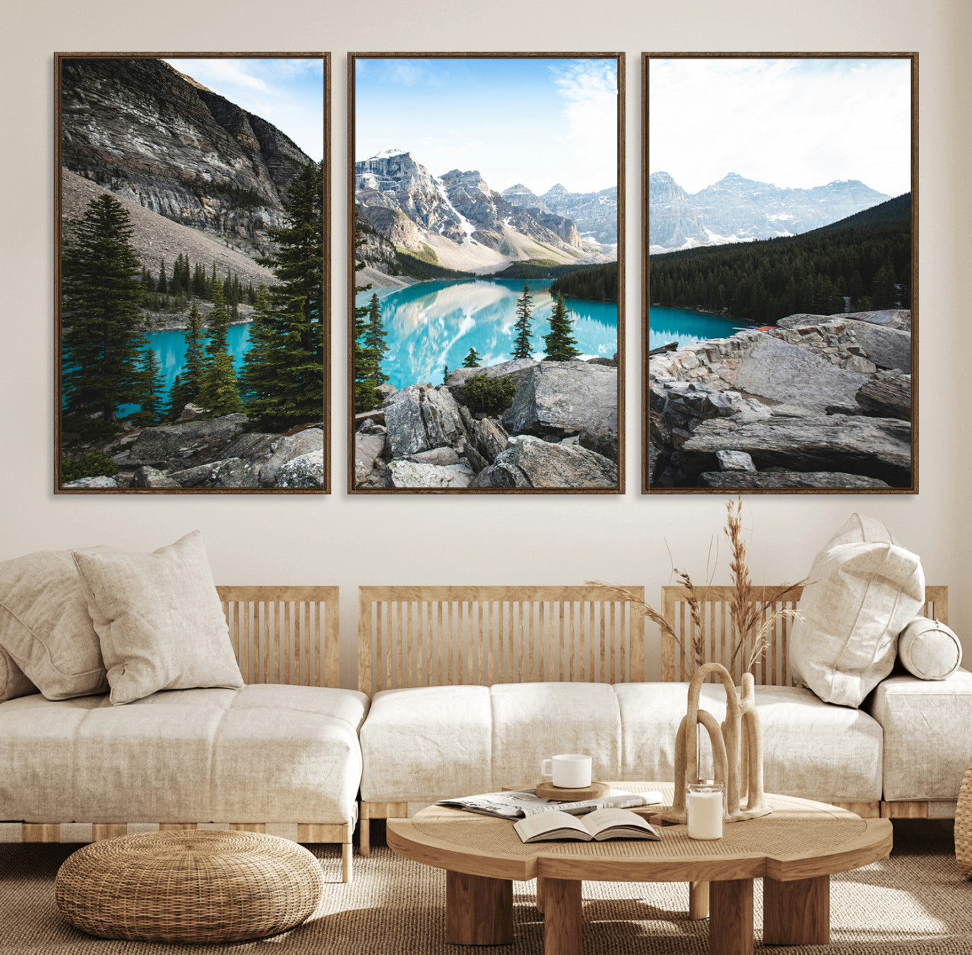 98014896-MGV-FC-60X30-3P_Walnut-Canadian Rockies Wall Art Canvas Print, Framed Mountain Landscape Art Picture Print, Turquoise Water Perfect Scandinavian