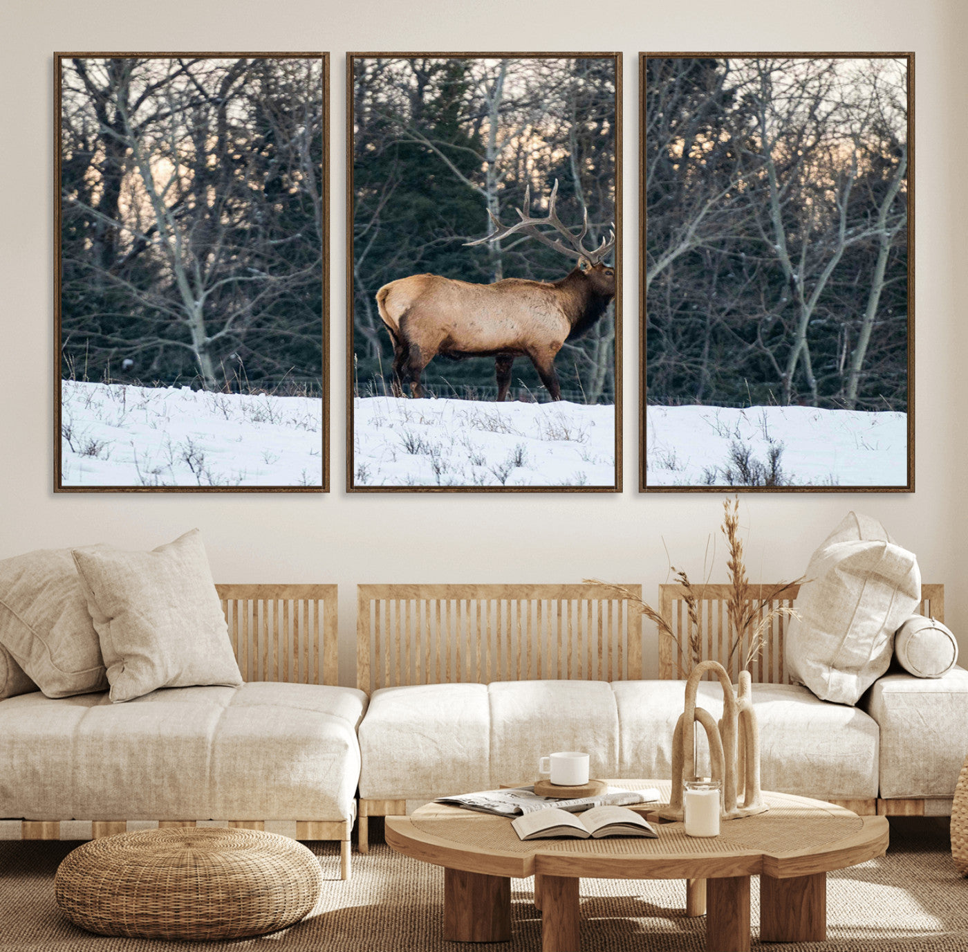 36533178-MGV-FC-60X30-3P_Walnut-Wild Elk Photography Wall Art Canvas Print, Framed Winter Wildlife Art Picture Print, Snowy Forest Perfect Rustic Lodge Decor