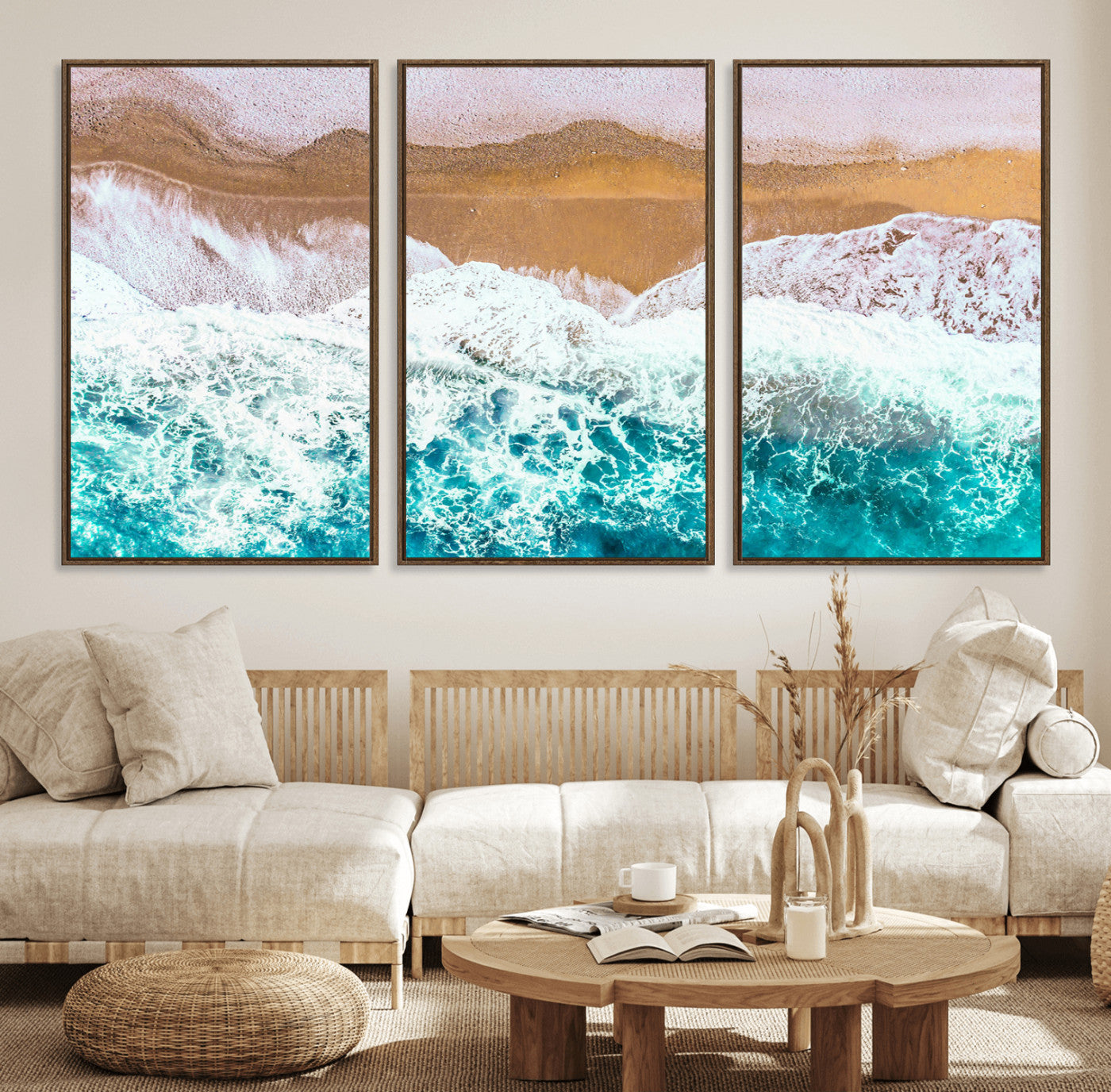 26870666-MGV-FC-60X30-3P_Walnut-Aerial Beach Wall Art Canvas Print, Framed Ocean Waves Art Picture Print, Coastal Landscape Perfect Coastal Minimalist Decor