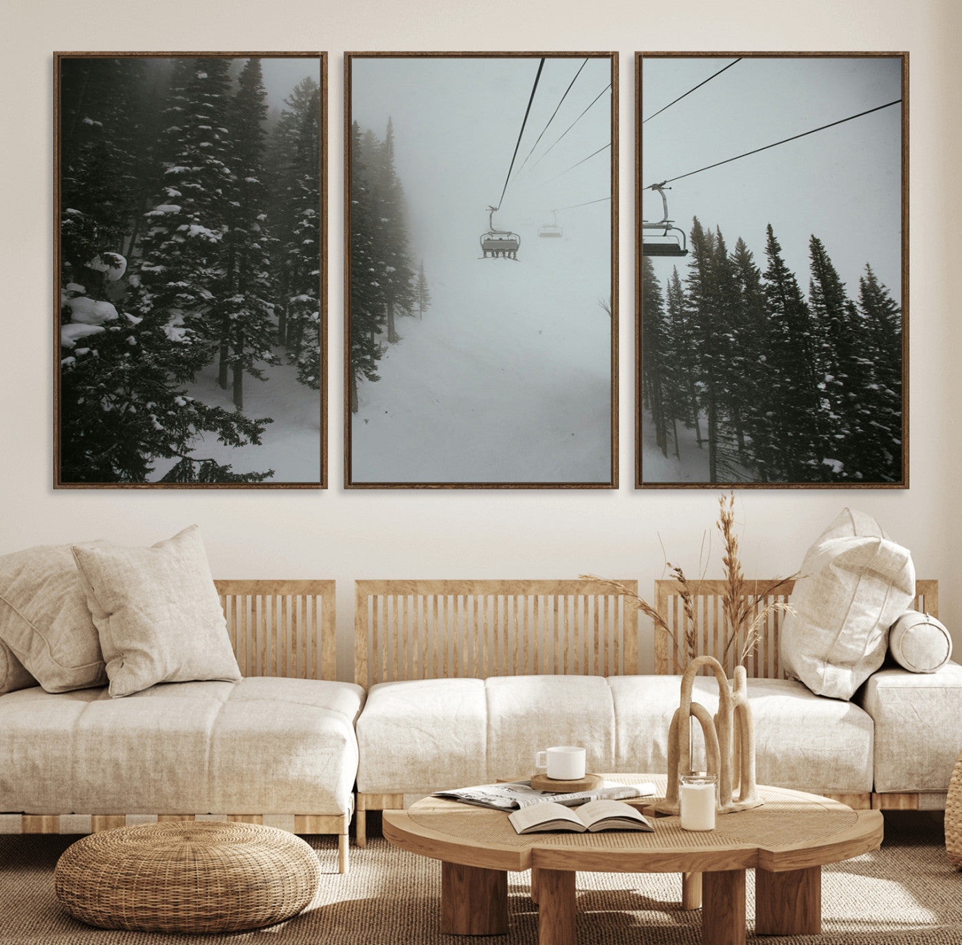 87018452-MGV-FC-60X30-3P_Walnut-Ski Lift Wall Art Canvas Print, Framed Snowy Pines Art Picture Print, Misty Landscape Perfect Winter Serenity Decor Artwork