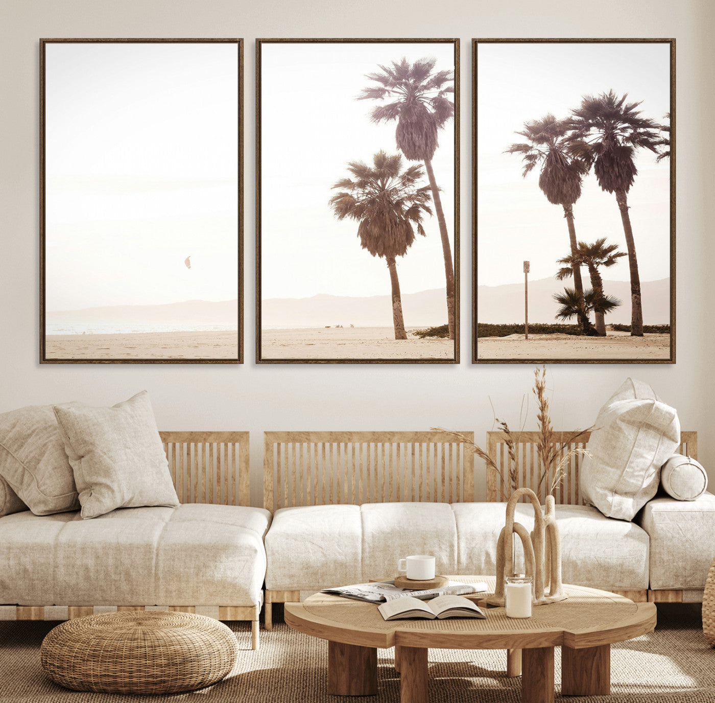 48255923-MGV-FC-60X30-3P_Walnut-Coastal Light Wall Art Canvas Print, Framed Relaxing Shoreline Art Picture Print, Minimalist Ocean Perfect Tropical Serenity Decor