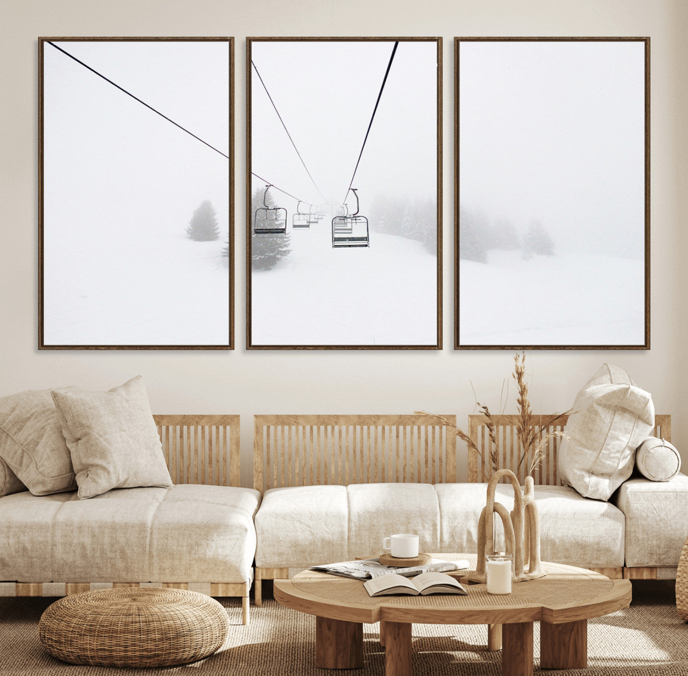20216390-MGV-FC-60X30-3P_Walnut-Ski Lift Wall Art Canvas Print, Framed Snowy Landscape Art Picture Print, Alpine Adventure Perfect Nordic Minimalist Decor Artwork