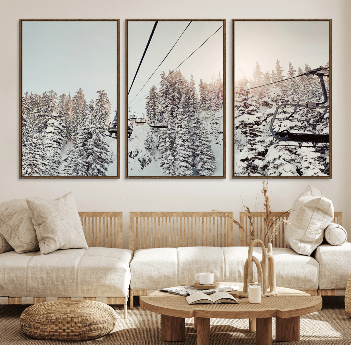 91534512-MGV-FC-60X30-3P_Walnut-Frosty Pines Wall Art Canvas Print, Framed Cozy Cabin View Art Picture Print, Ski Lift Ride Perfect Rustic Lodge Decor Artwork