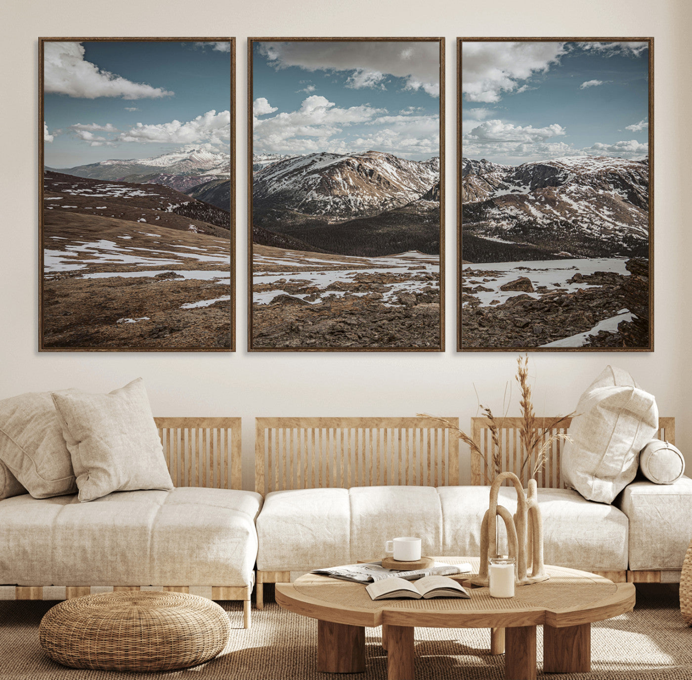 44565953-MGV-FC-60X30-3P_Walnut-Mountain Landscape Wall Art Canvas Print, Framed Snowy Peaks Art Picture Print, Rugged Highlands Perfect Rustic Adventure Decor