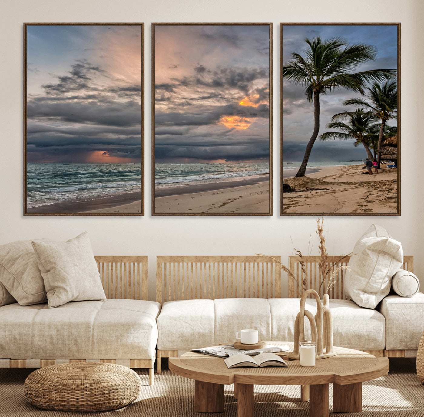 62574547-MGV-FC-60X30-3P_Walnut-Tropical Storm Wall Art Canvas Print, Framed Moody Beach Art Picture Print, Dramatic Sky Perfect Tropical Coastal Decor Artwork