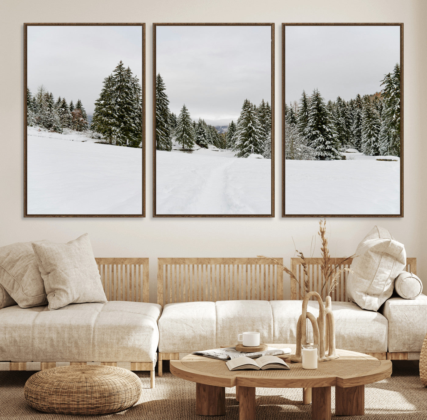 24581417-MGV-FC-60X30-3P_Walnut-Frosty Pines Wall Art Canvas Print, Framed Silent Snowfall Art Picture Print, Cozy Cabin Vibes Perfect Nordic Minimalist Decor