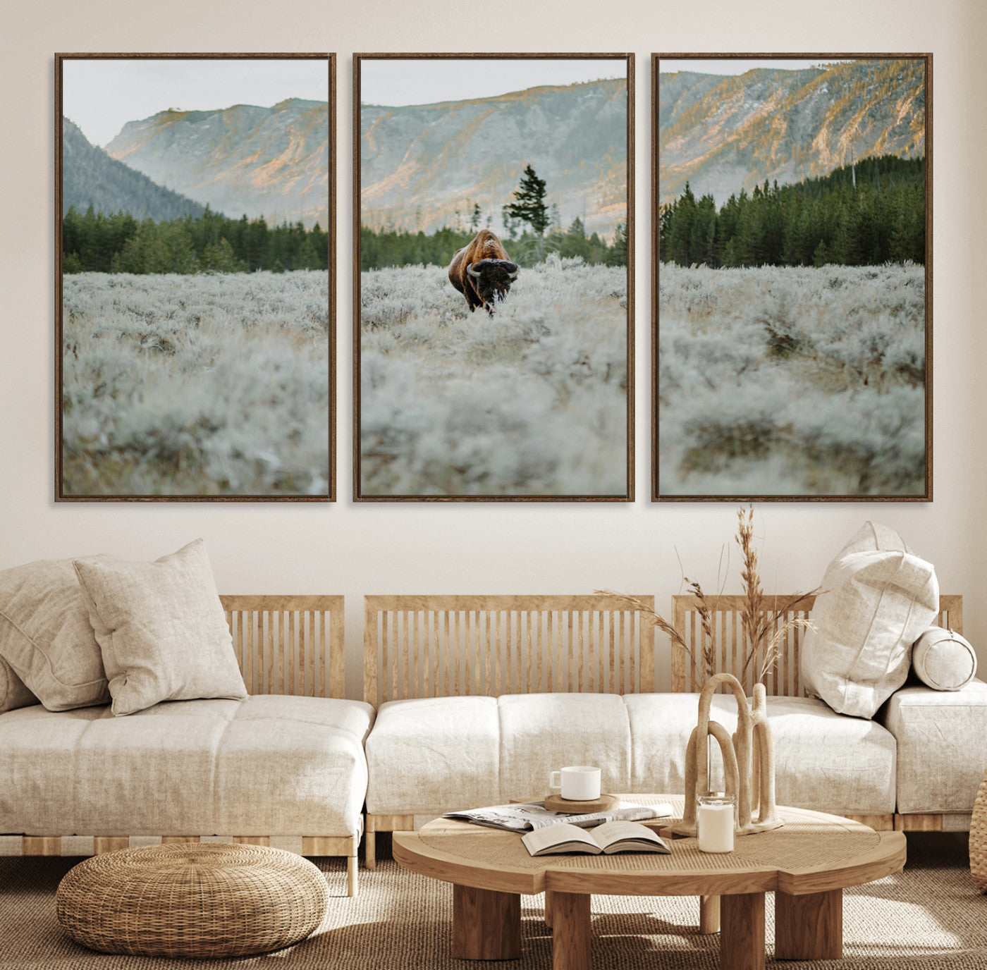 41674074-MGV-FC-60X30-3P_Walnut-Bison Wall Art – American Buffalo Wildlife Photography Canvas Print, Western Mountain Landscape Artwork Rustic Nature Decor for