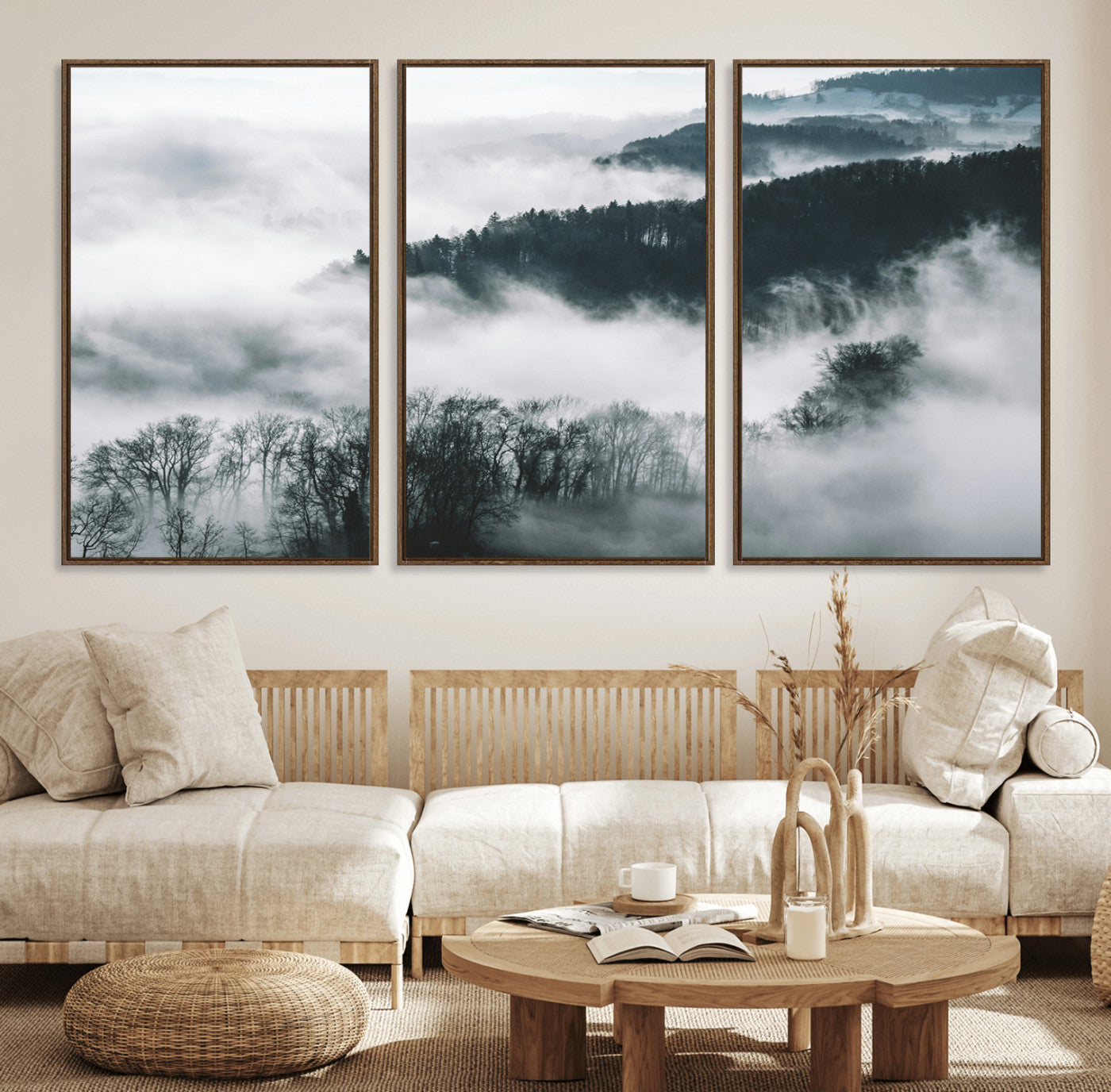 67569654-MGV-FC-60X30-3P_Walnut-Foggy Forest Wall Art – Mist Covered Hills and Trees Landscape Canvas Print, Moody Nature Photography Decor for Living Room,