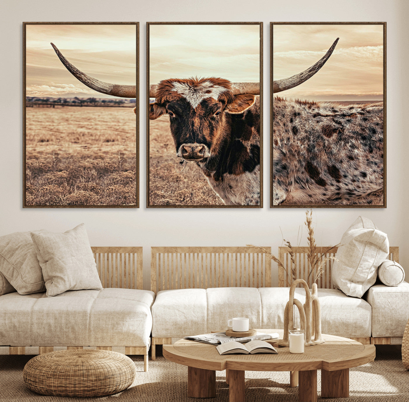 95745718-MGV-FC-60X30-3P_Walnut-Texas Longhorn Wall Art – Western Cattle Photography Canvas Print, Rustic Ranch Animal Artwork Country Farmhouse Decor for Living