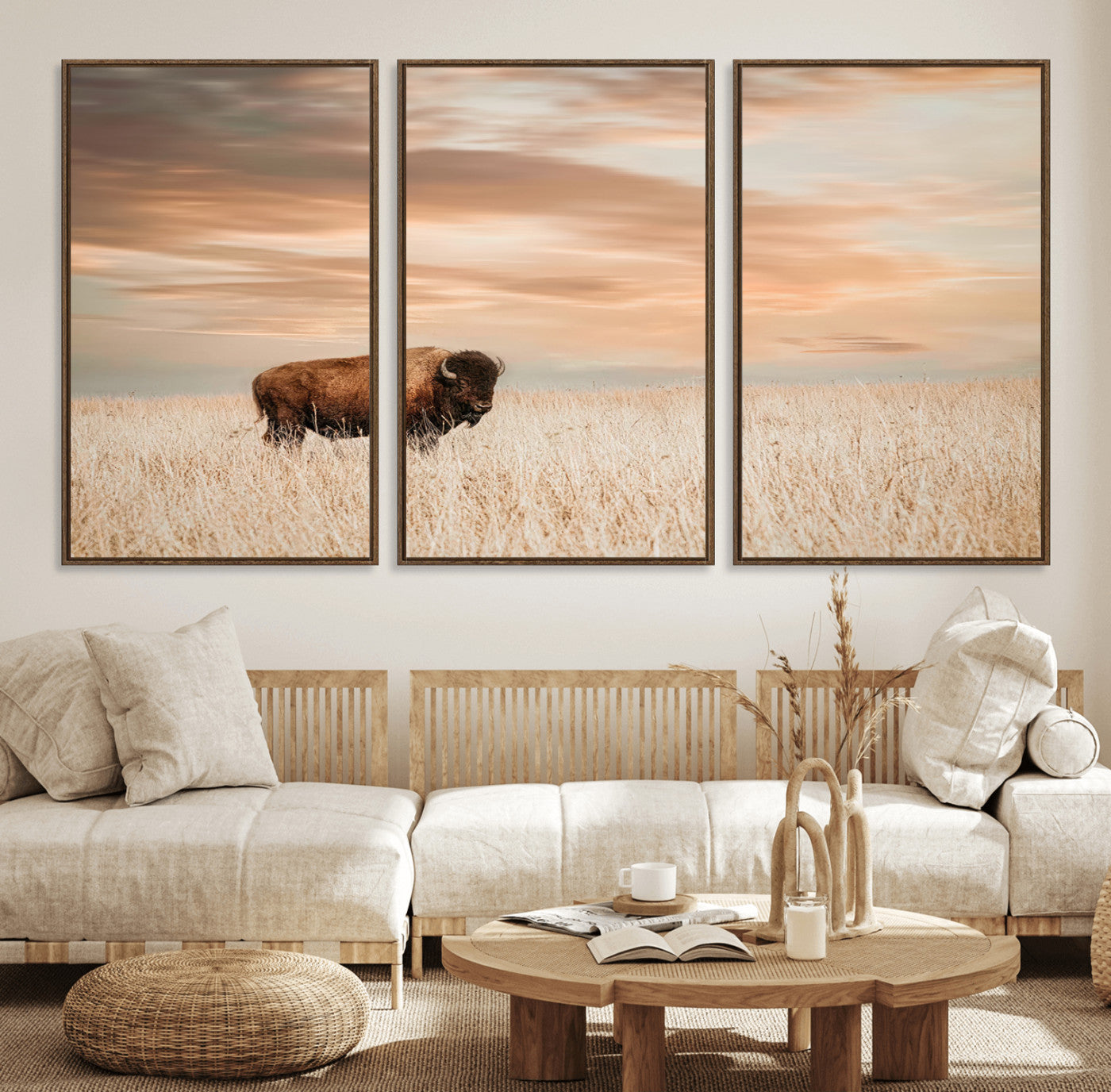 20306324-MGV-FC-60X30-3P_Walnut-Bison Wall Art – Lone American Buffalo Prairie Sunset Canvas Print, Rustic Western Wildlife Photography Decor for Living Room,