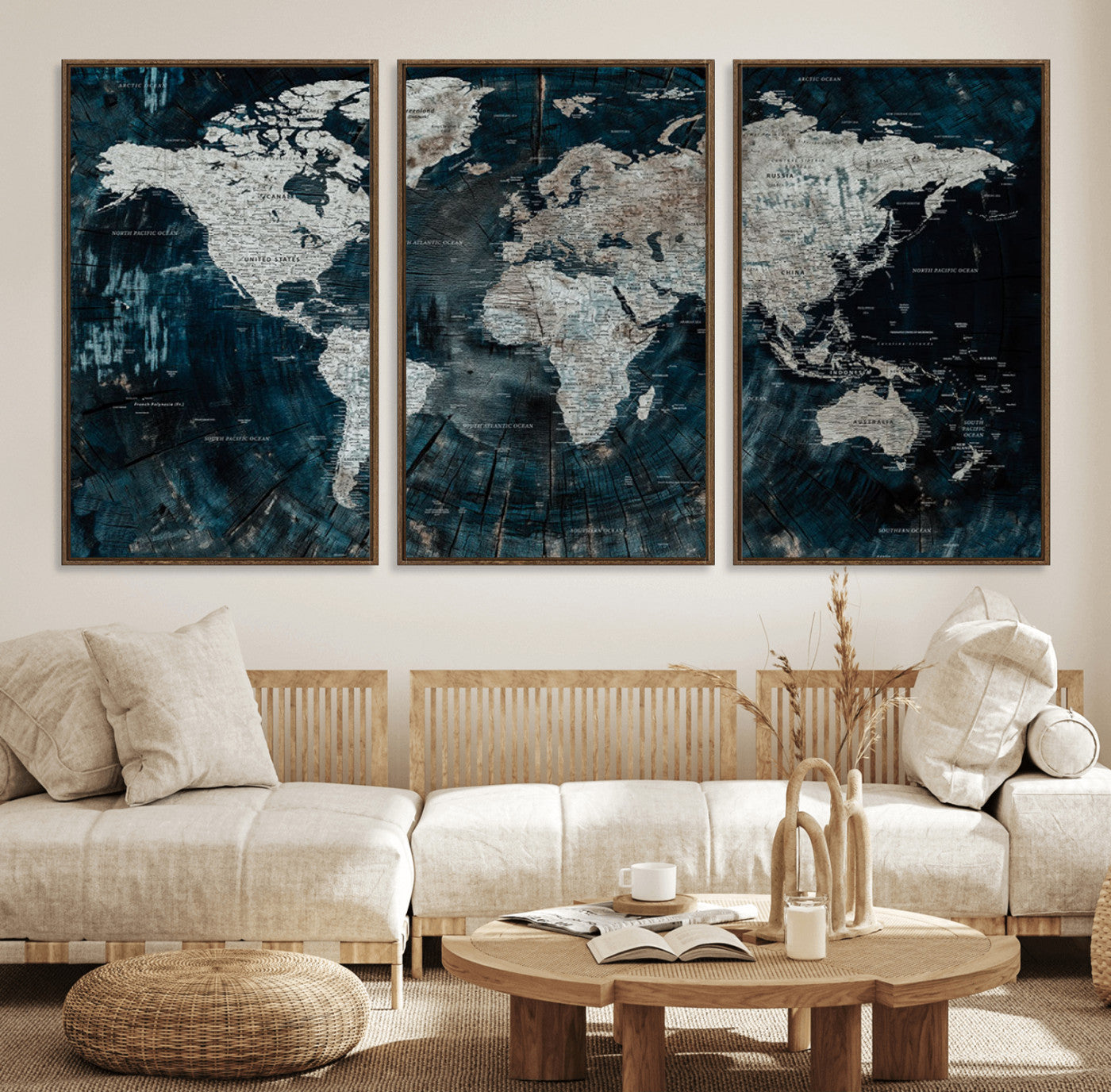 34425609-MGV-FC-60X30-3P_Walnut-World Map Wall Art – Rustic Navy and Grey Atlas Canvas Print, Distressed Explorer Map Artwork, Industrial Style Decor for Office,