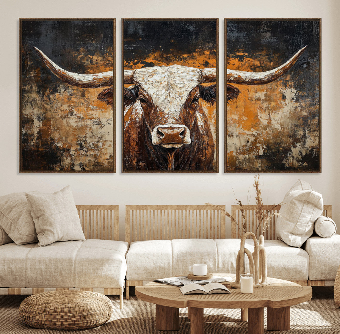 25265572-MGV-FC-60X30-3P_Walnut-Longhorn Bull Wall Art – Rustic Western Texas Steer Canvas Print, Textured Animal Painting for Home, Office, Man Cave or Farmhouse