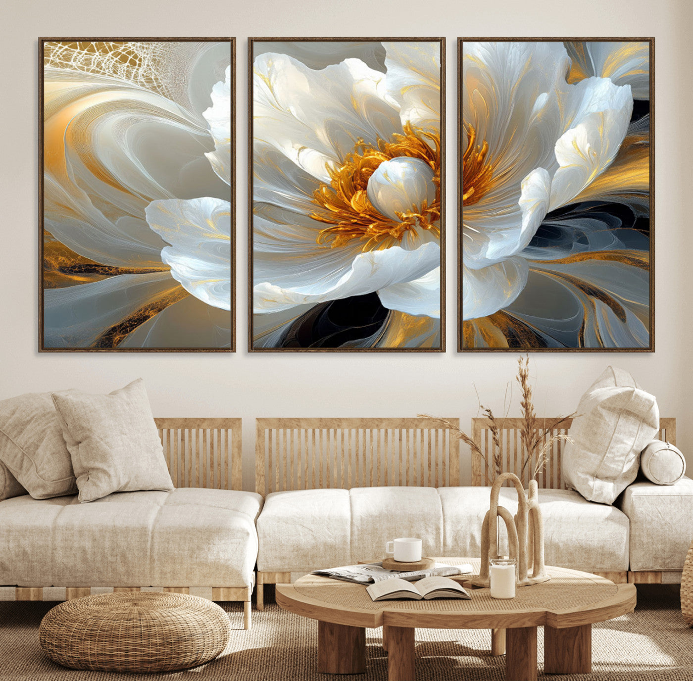 39604126-MGV-FC-60X30-3P_Walnut-Abstract Flower Wall Art – Elegant White and Gold Bloom Canvas Print, Modern Floral Artwork for Bedroom, Living Room, or Office