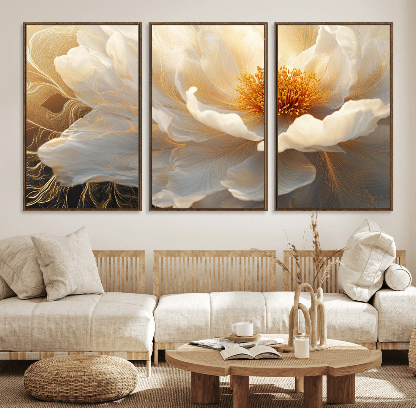29539087-MGV-FC-60X30-3P_Walnut-Floral Wall Art – Elegant White and Gold Bloom Canvas Print, Romantic Modern Flower Artwork for Bedroom, Living Room, or Office