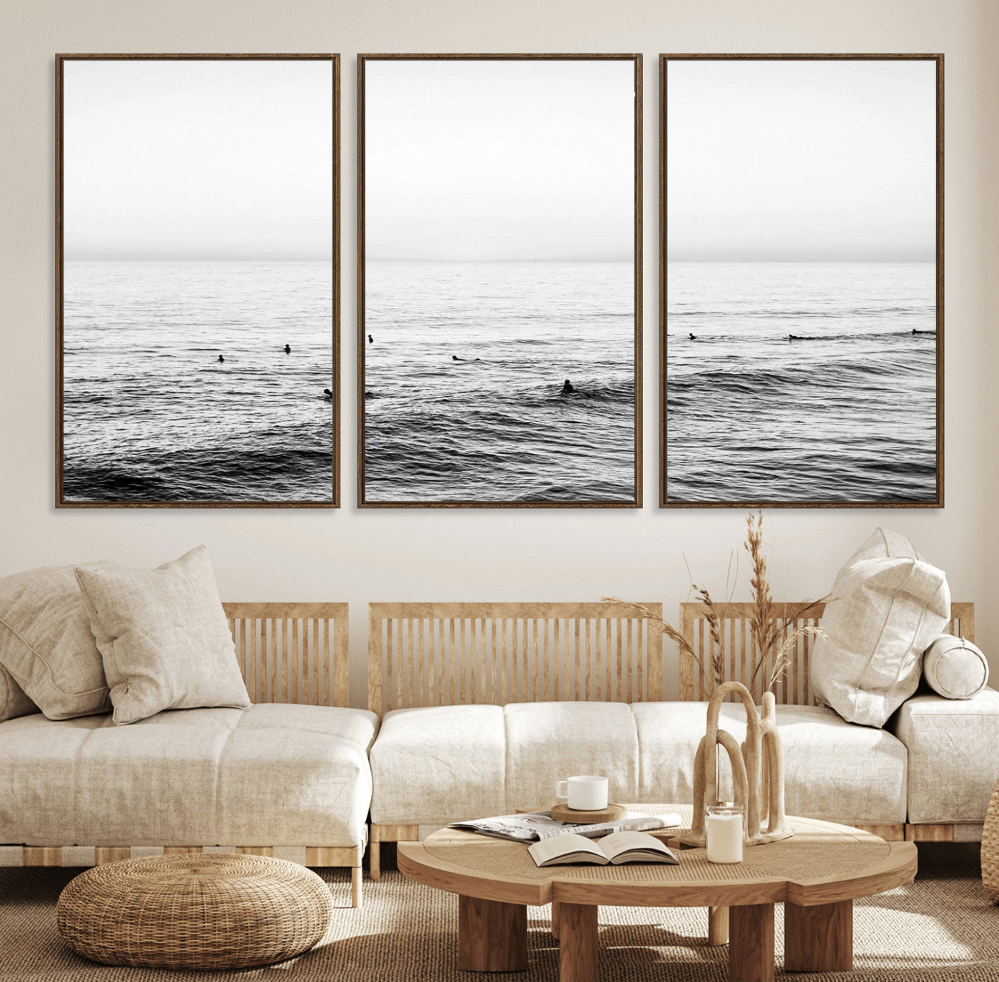 47208268-MGV-FC-60X30-3P_Walnut-Surfer Ocean Wall Art – Black and White Coastal Canvas Print, Minimalist Surfing Seascape Decor for Living Room, Bedroom, or Beach