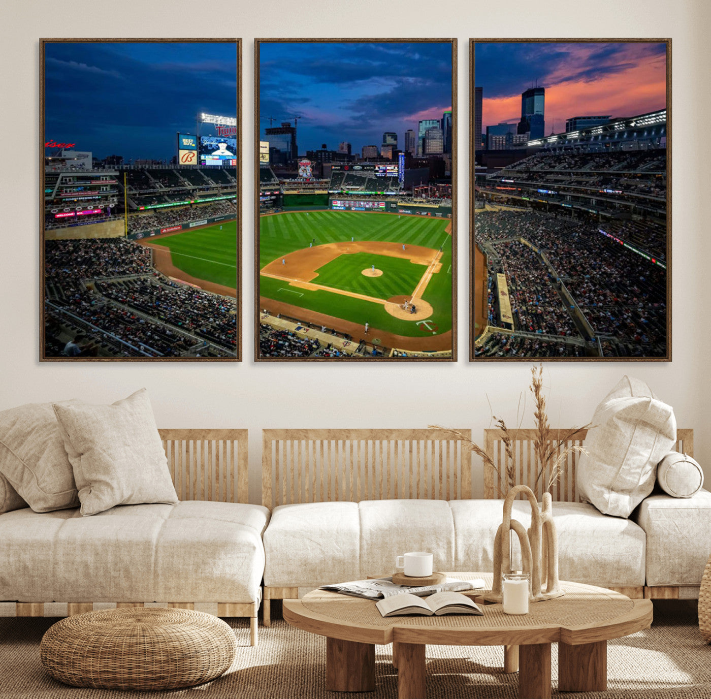 68222753-MGV-FC-60X30-3P_Walnut-Baseball Stadium Wall Art – Panoramic Night Game Canvas Print, Sports Decor for Man Cave, Office, Bar, or Living Room
