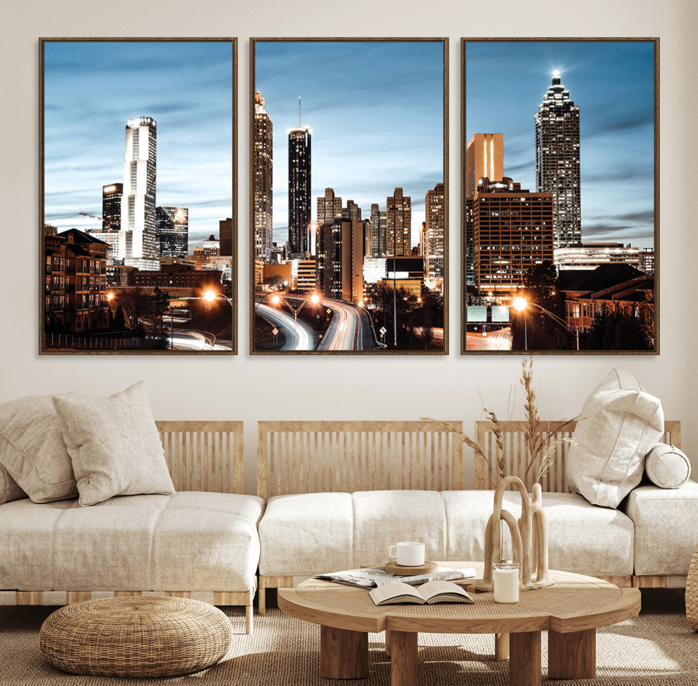 23859158-MGV-FC-60X30-3P_Walnut-Atlanta Skyline Wall Art – Modern Cityscape Canvas Print with Night Lights and Traffic Trails, Urban Decor for Office, Apartment,