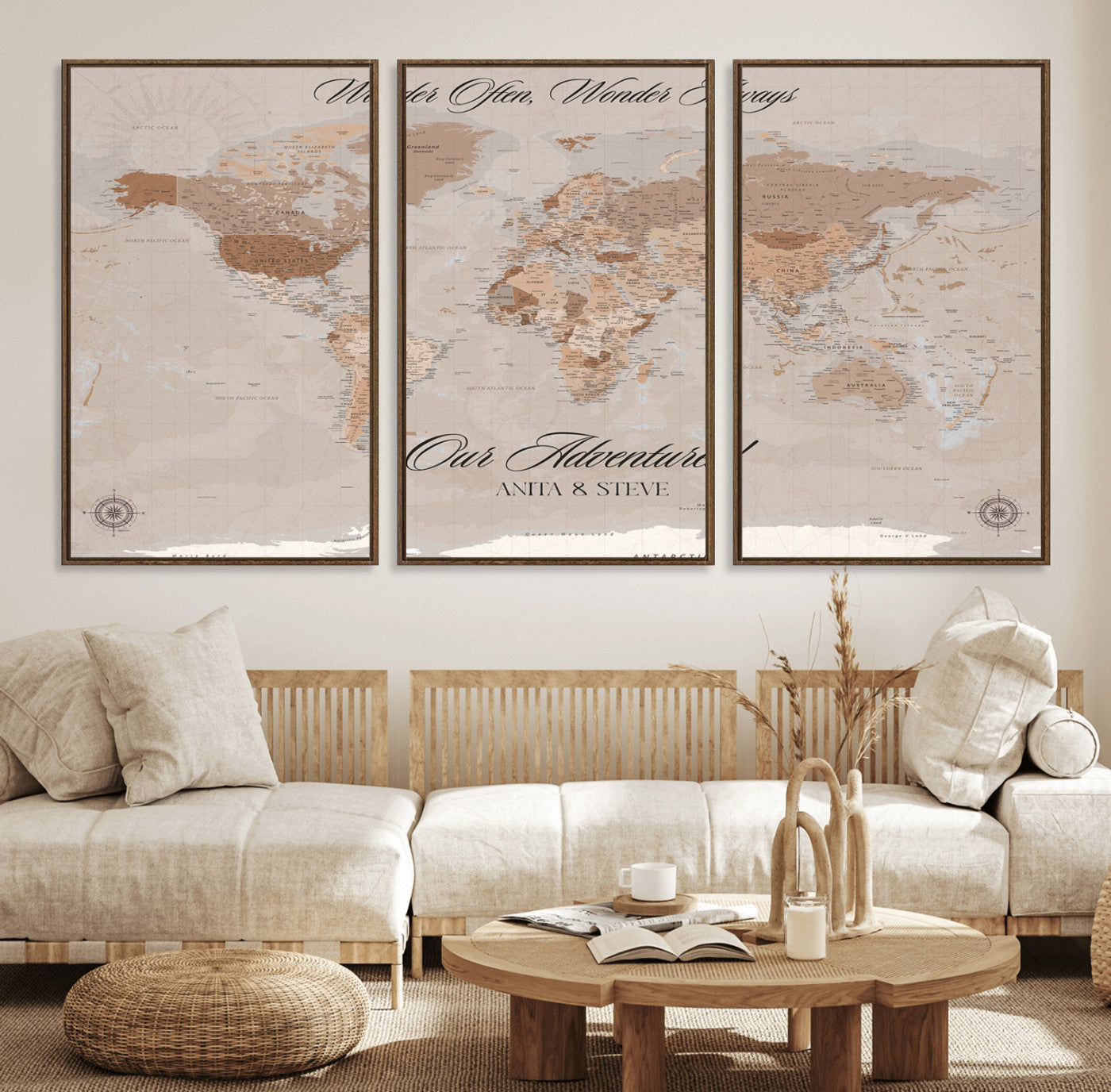 95243244-MGV-FC-60X30-3P_Walnut-Wander Often Wonder Always World Map Wall Art – Neutral Beige Adventure Canvas Print, Rustic Boho Travel Decor for Bedroom, Living