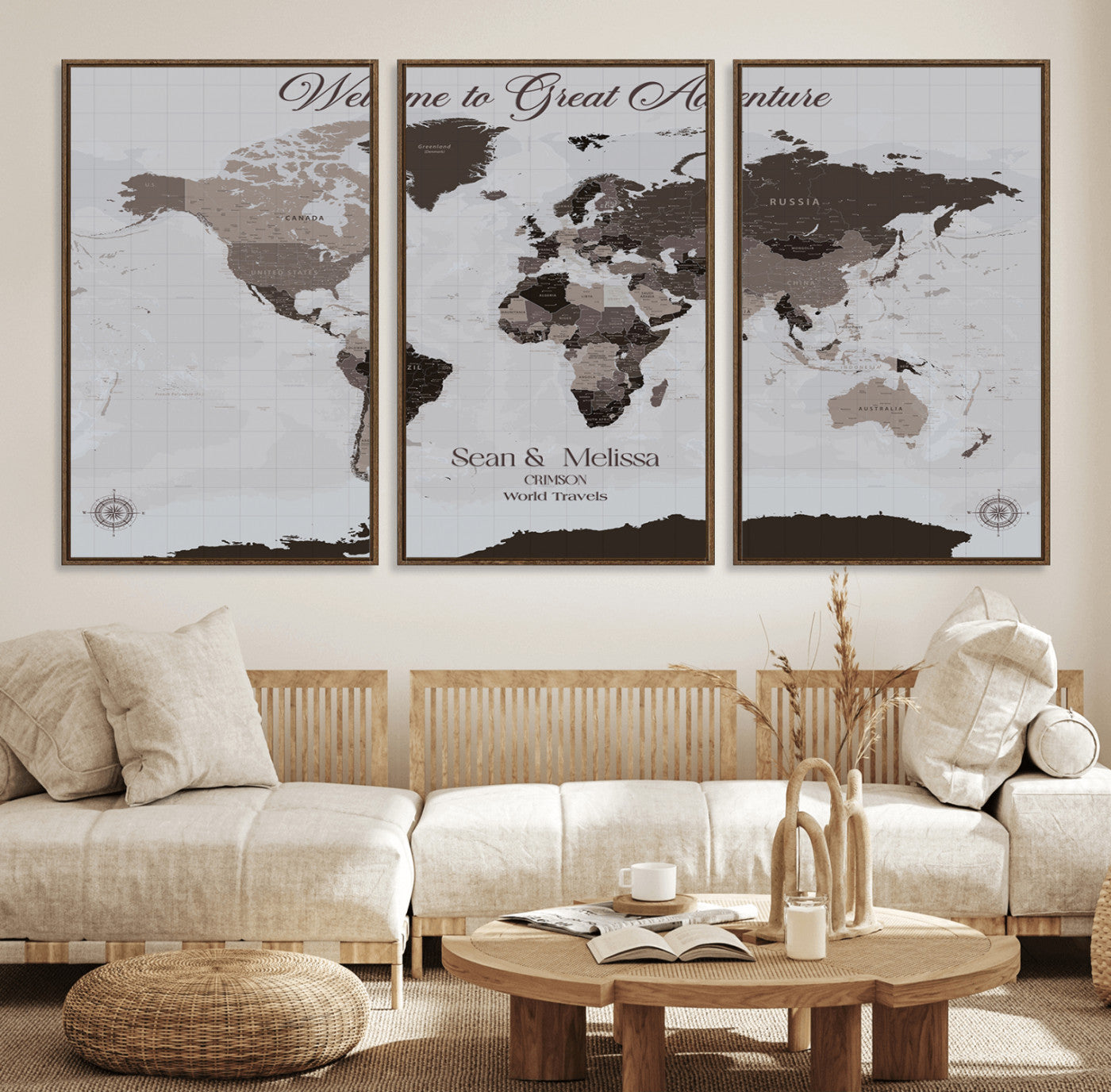 43749658-MGV-FC-60X30-3P_Walnut-Welcome to Great Adventure World Map Wall Art – Charcoal Gray Canvas Print, Rustic Travel Decor for Living Room, Study, Office or
