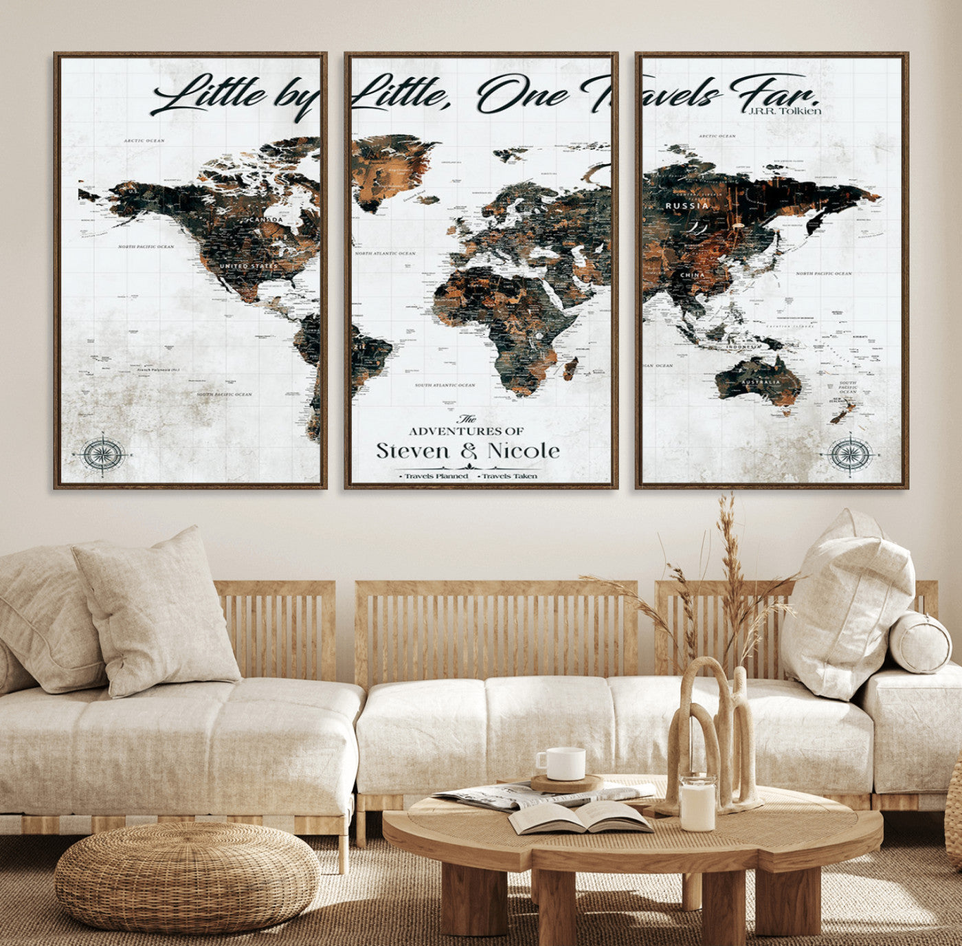 88337180-MGV-FC-60X30-3P_Walnut-Little by Little One Travels Far Tolkien Quote World Map Rustic Black Brown Adventure Wall Art Canvas Print for Home Office Living