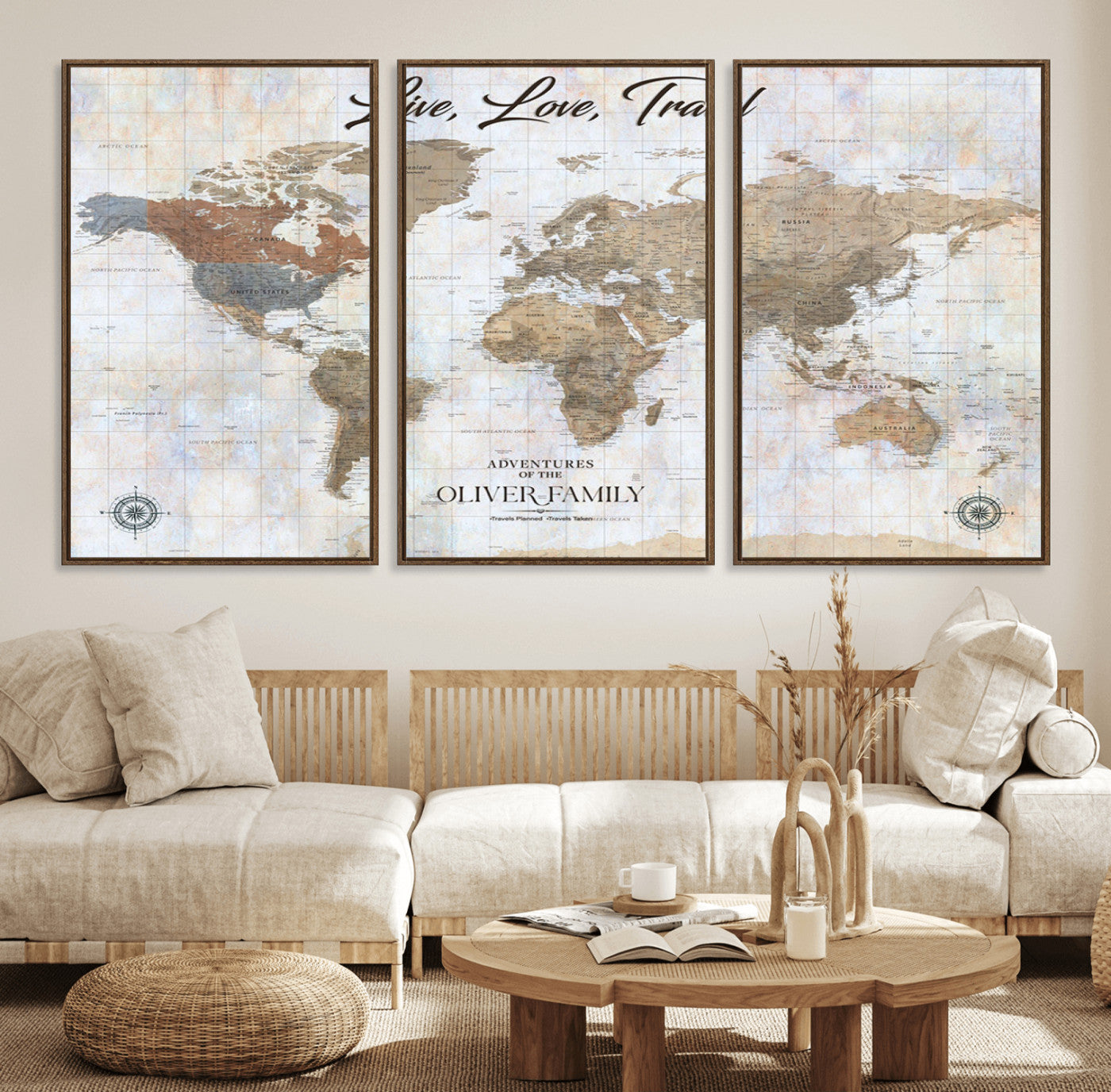 43924907-MGV-FC-60X30-3P_Walnut-Live Love Travel Wall Art – Neutral World Map Canvas Print, Rustic Adventure Decor for Home, Office or Living Room, Unique Gift