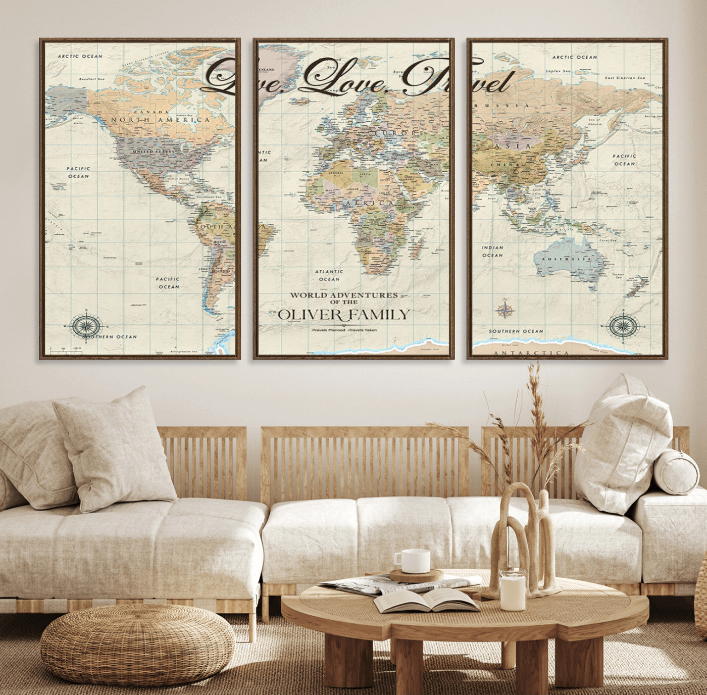 19479008-MGV-FC-60X30-3P_Walnut-Live Love Travel Wall Art – Detailed World Map Canvas Print, Adventure Decor for Living Room, Office or Bedroom, Travel Gift for