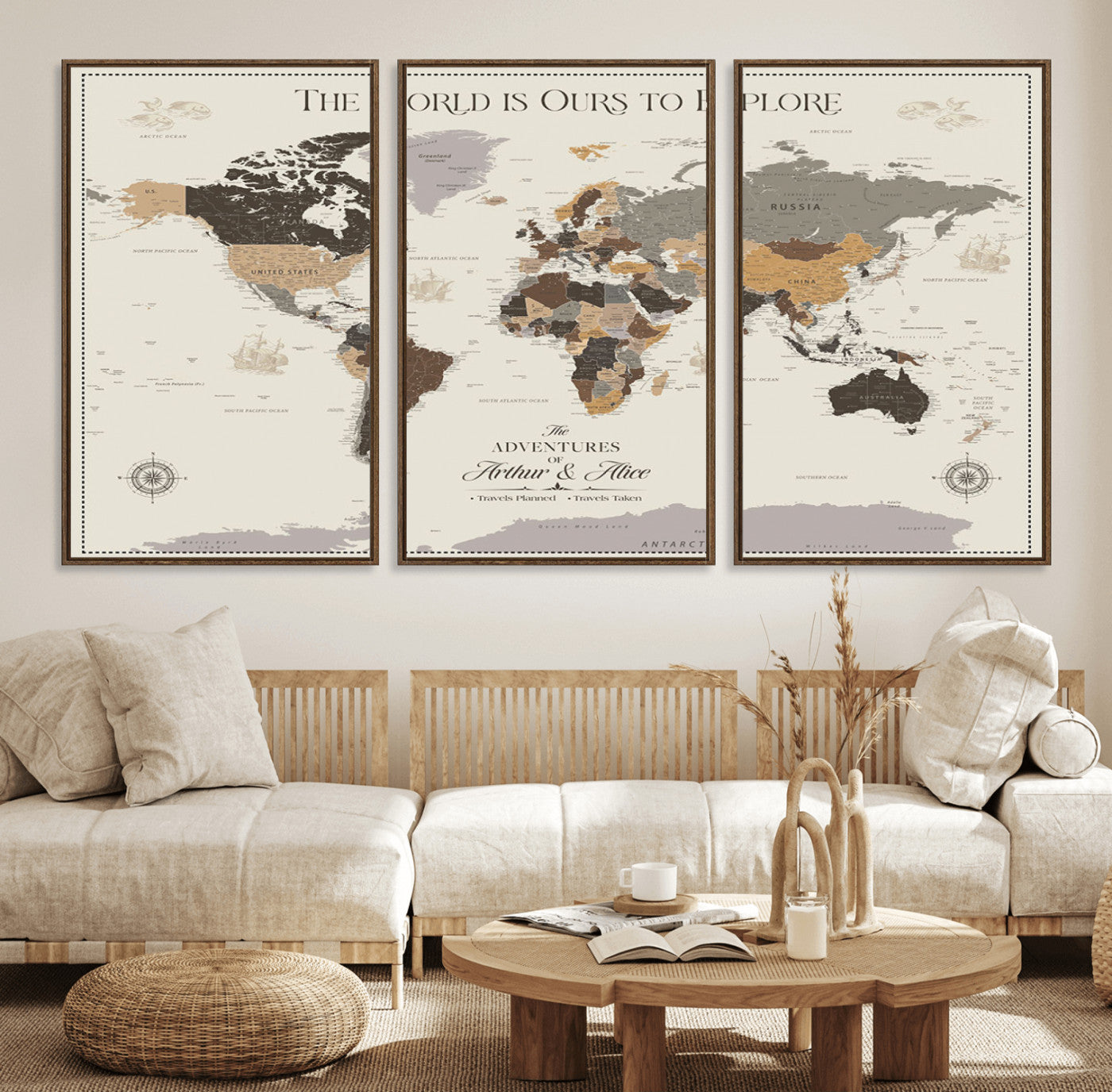 90024882-MGV-FC-60X30-3P_Walnut-The World is Ours to Explore Wall Art – Earth Tone World Map Canvas Print, Adventure Travel Decor for Living Room, Office or