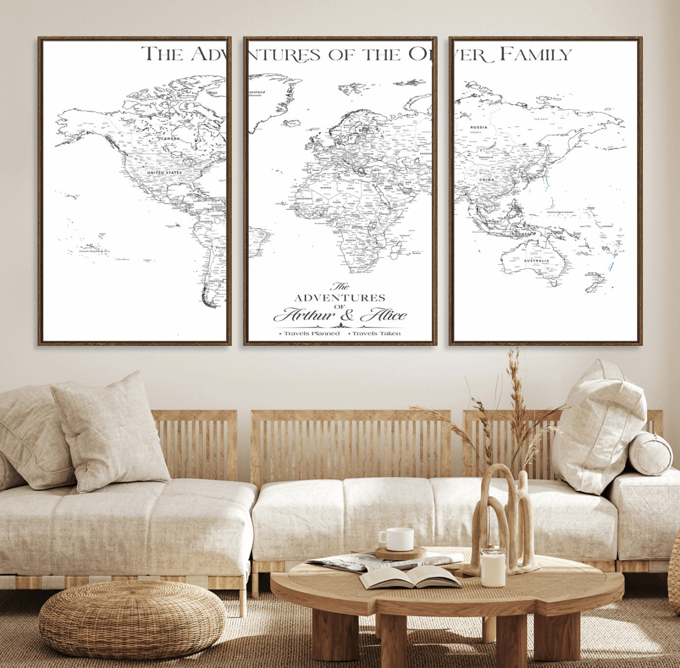 21029247-MGV-FC-60X30-3P_Walnut-Minimalist World Map Wall Art – Black and White Travel Adventure Print, Modern Family Travel Map Decor for Living Room, Bedroom,