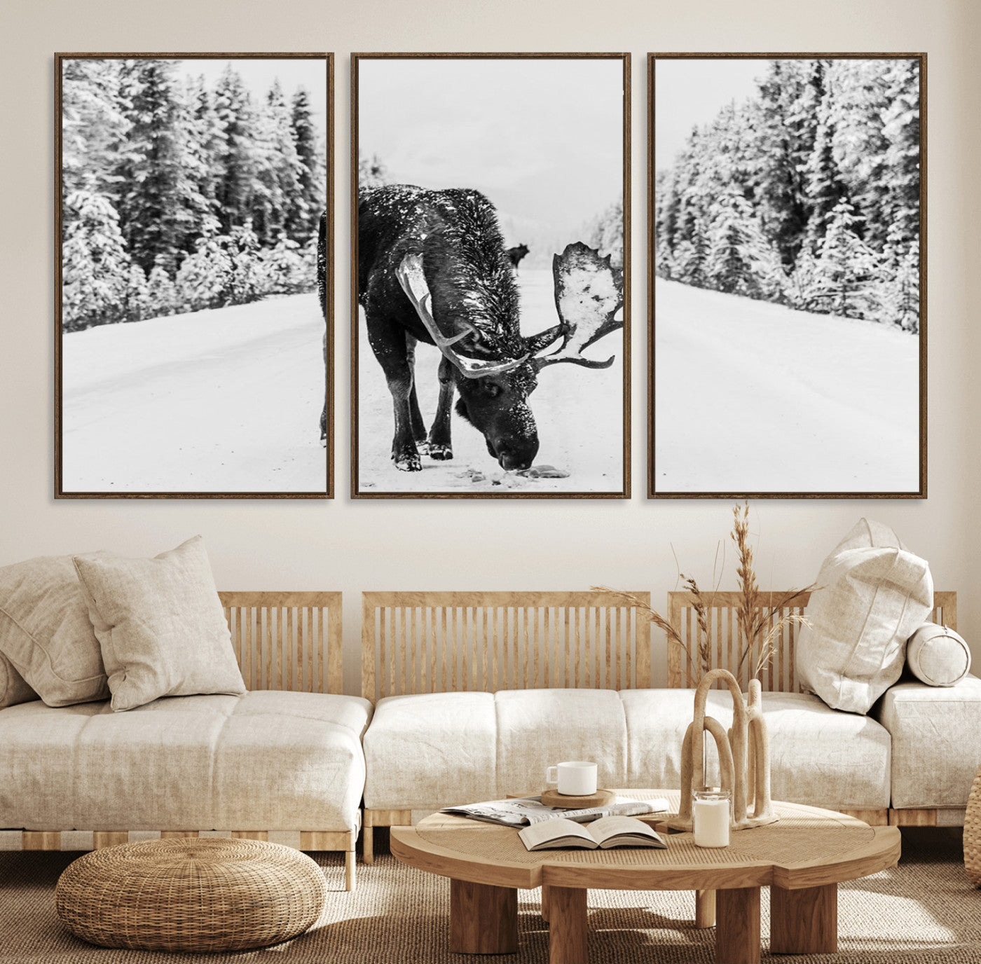 38956835-MGV-CV-36X24-Moose Winter Snowy Forest Canvas Wall Art – Wildlife Nature, Antlers in Frozen Landscape, Quiet Path, Cold Season Outdoors Print