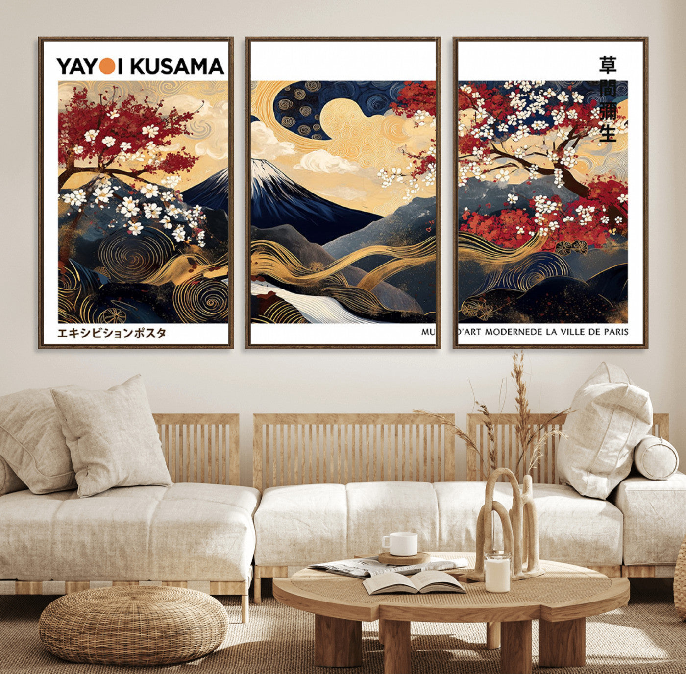 28945903-MGV-FC-60X30-3P_Walnut-Japanese Wall Art – Mount Fuji Canvas Print with Cherry Blossoms and Golden Wave Motifs, Traditional Asian Inspired Artwork for