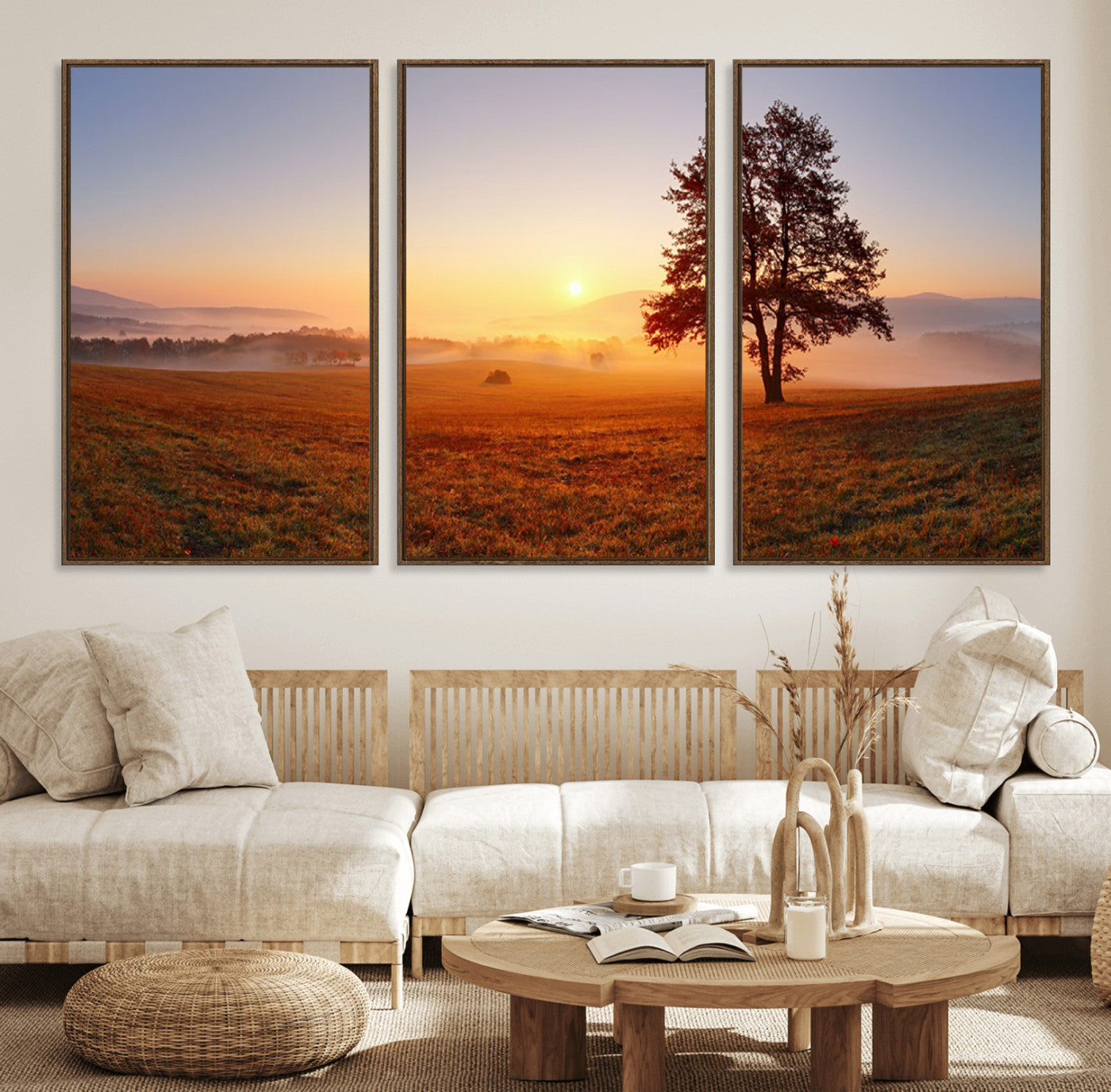 57919623-MGV-CV-36X24-Golden Sunrise Landscape Canvas Wall Art - Framed Misty Field Print, Large Nature Canvas for Living Room, Office, or Home Decor