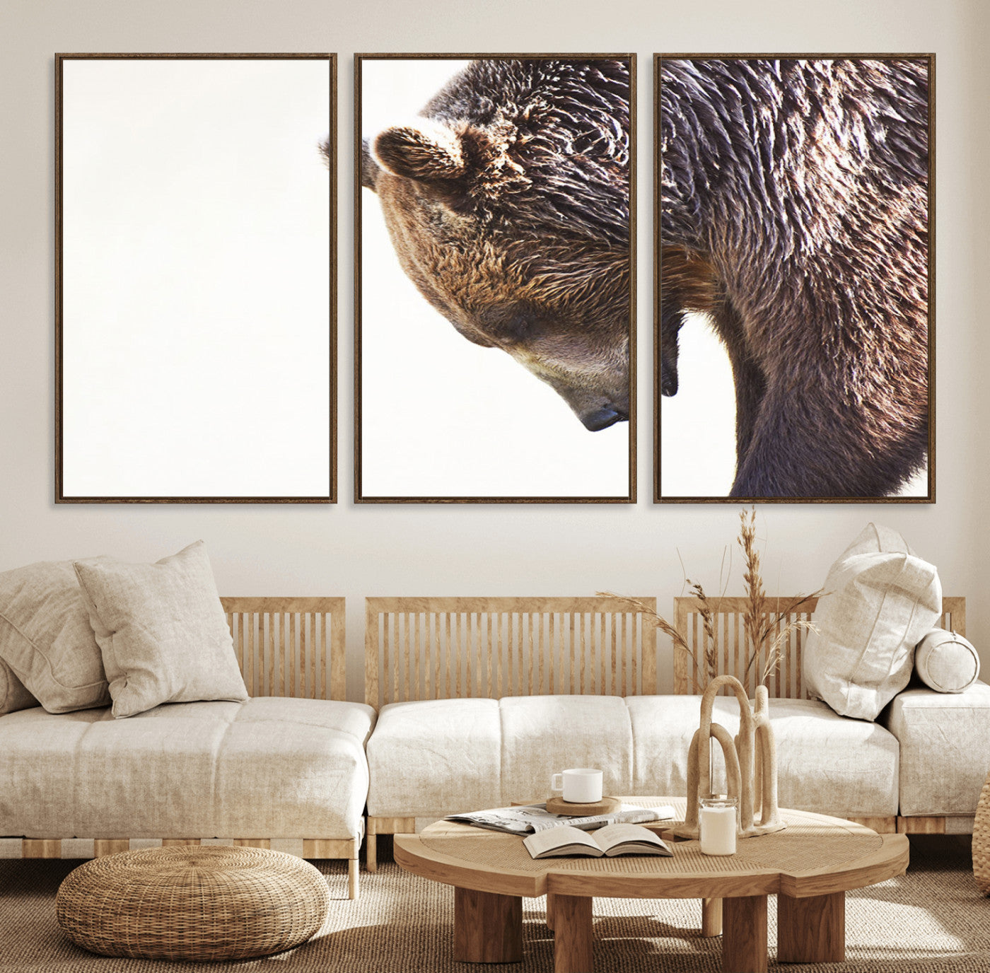 14405507-MGV-FC-60X30-3P_Walnut-Bear Wall Art – Wildlife Canvas Print with Rustic Animal Portrait and Minimalist Background, Nature Inspired Photography for