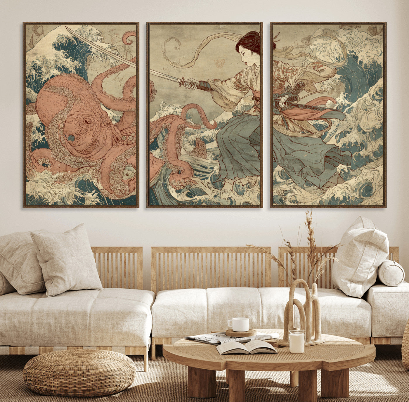 54879547-MGV-CV-36X24-Tsukioka Yoshitoshi Samurai Wall Art Print, Japanese Katana Warrior Canvas Wall Art, Octopus Sea Monster Canvas Print,