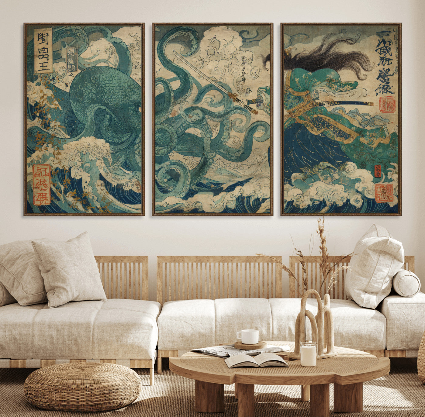 60346622-MGV-FC-60X30-3P_Walnut-Samurai Warrior vs Octopus Wall Art – Japanese Ukiyo-e Style Ocean Battle Canvas Print, Traditional Samurai Artwork for Living