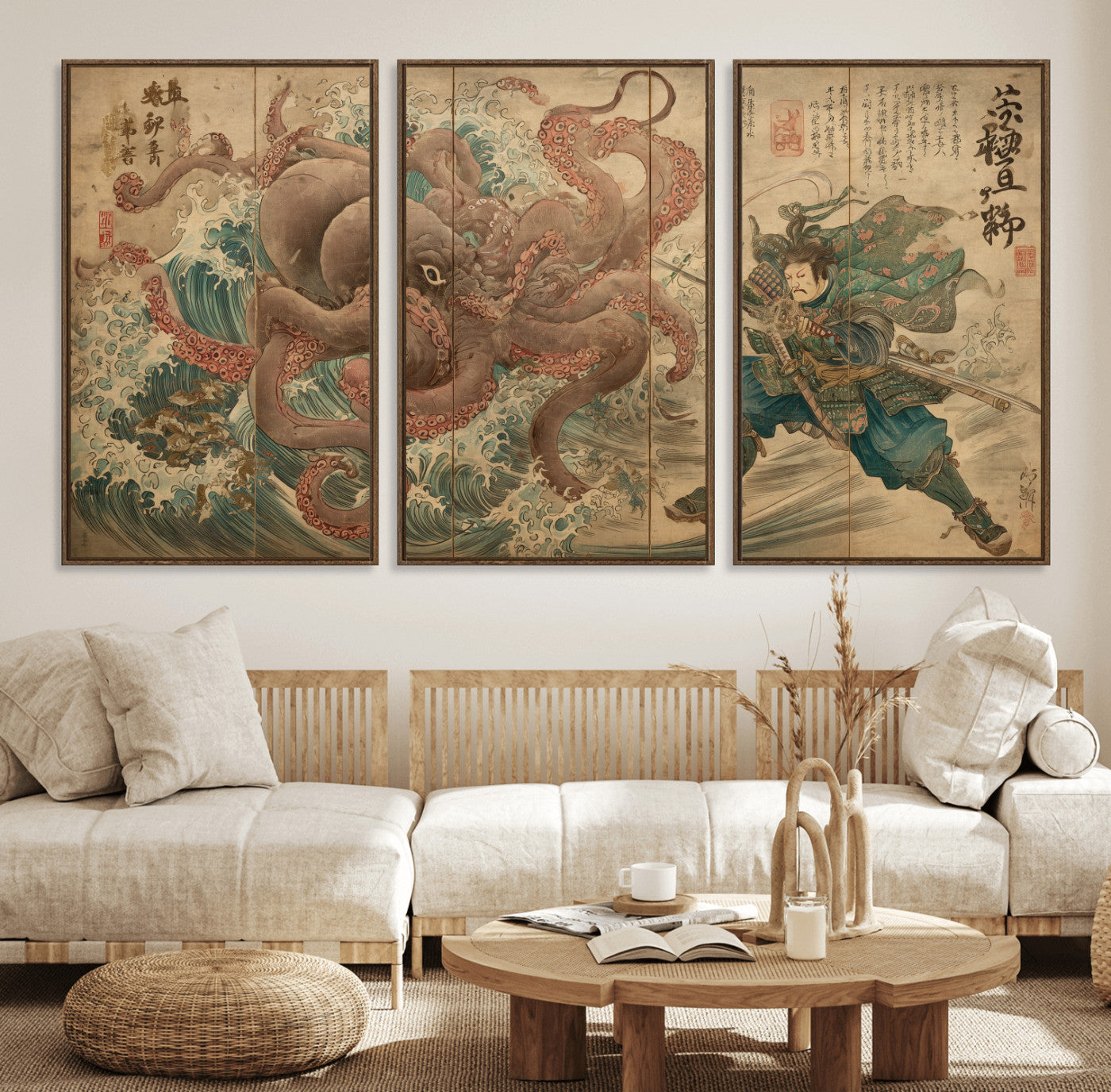 63782167-MGV-CV-36X24-Tsukioka Yoshitoshi Samurai Wall Art Print, Japanese Katana Warrior Canvas Wall Art, Octopus Sea Monster Canvas Print,