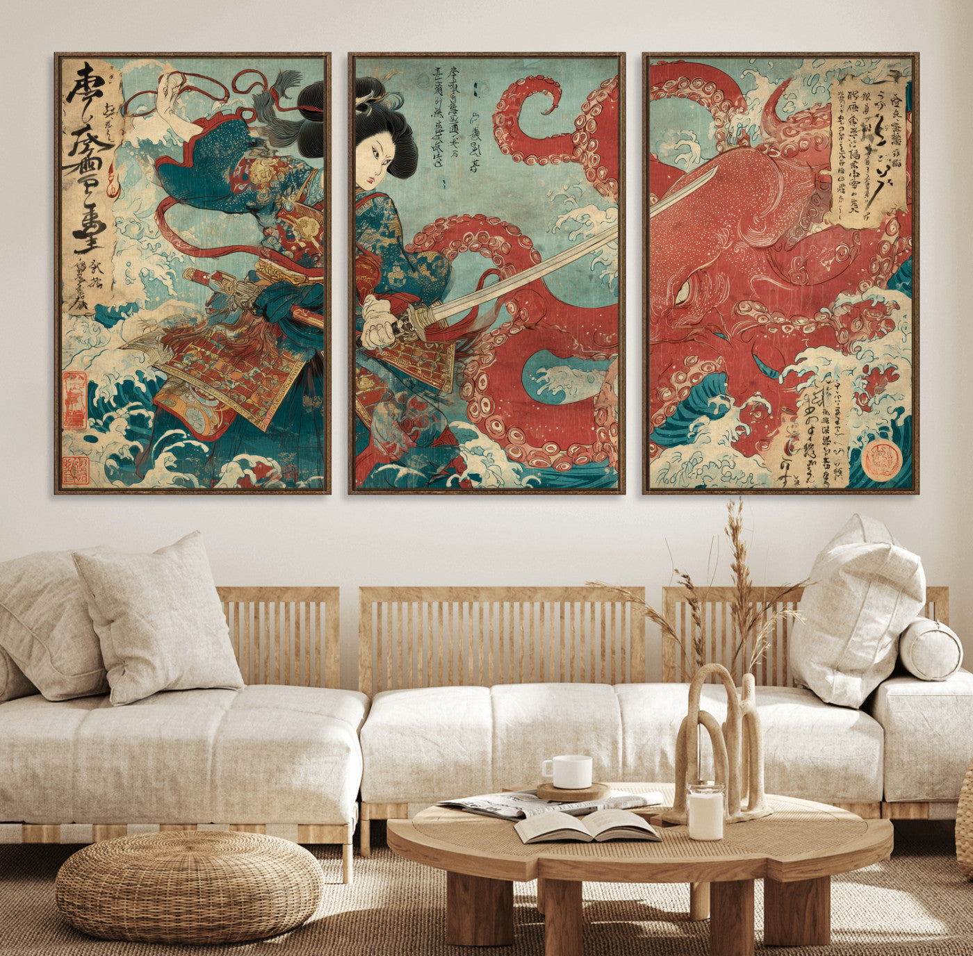 68844327-MGV-CV-36X24-Tsukioka Yoshitoshi Samurai Wall Art Print, Japanese Katana Warrior Canvas Wall Art, Octopus Sea Monster Canvas Print,